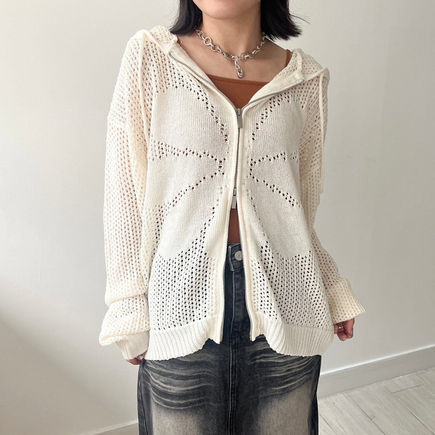 JK40- UNISEX Fafa Mesh Cardigan | Ivory | Sky Blue | Charcoal | Black