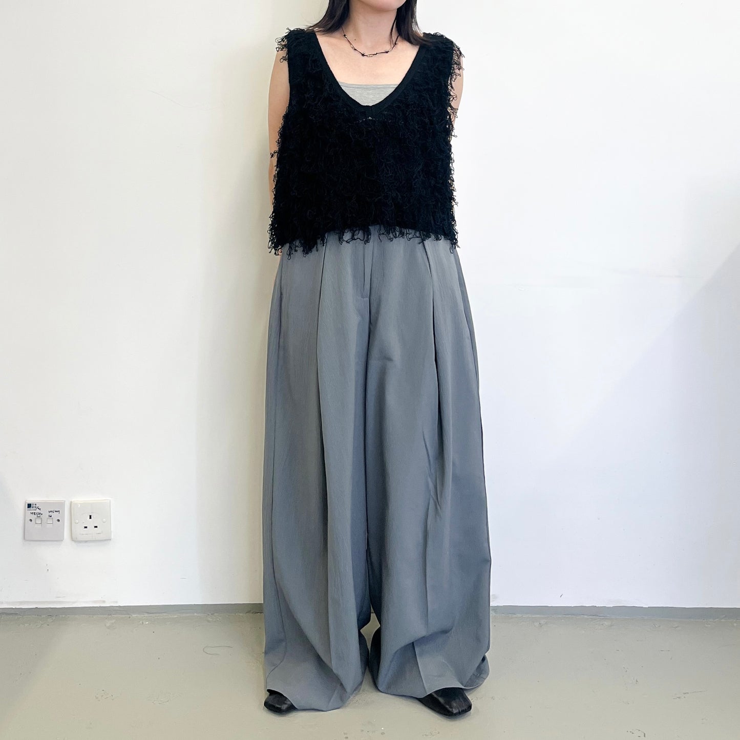 PT97- Long Pleated Wide Pants | Grey