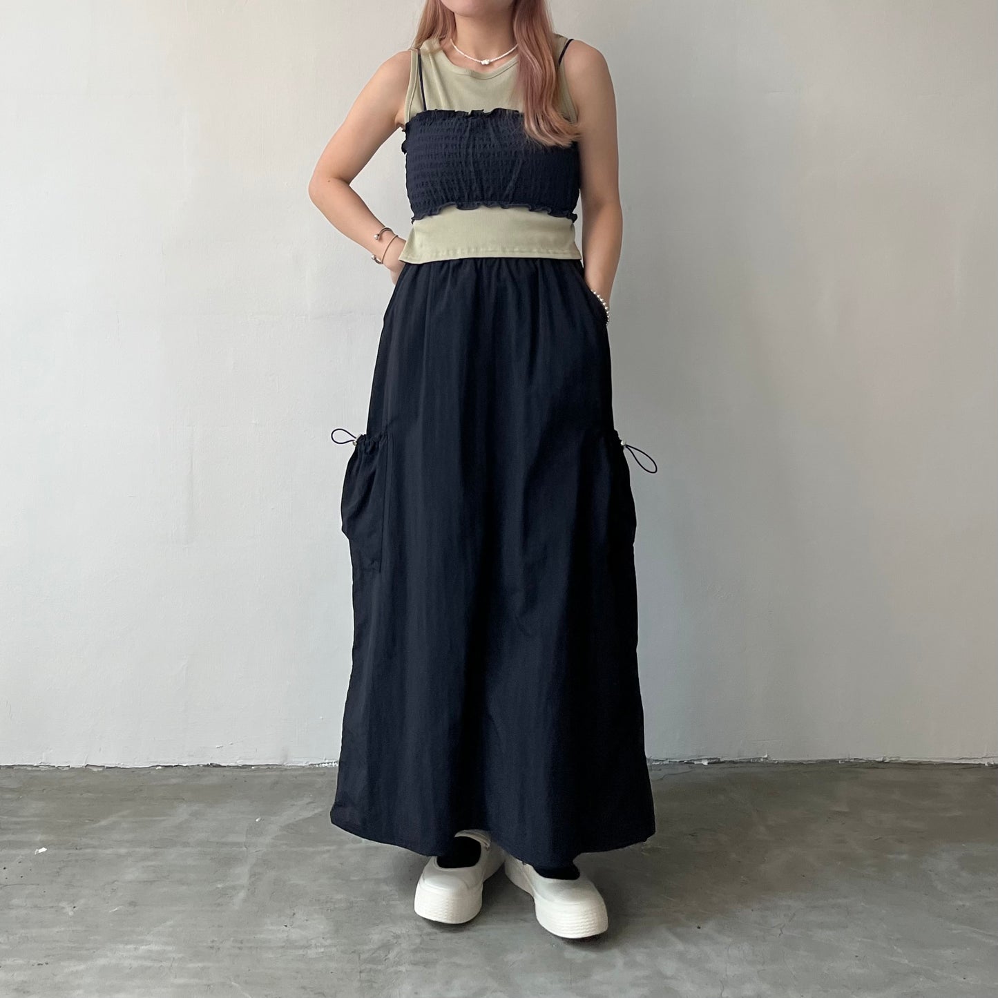 SK32- Two Drawstring Pocket Skirt | White | Blue | Black