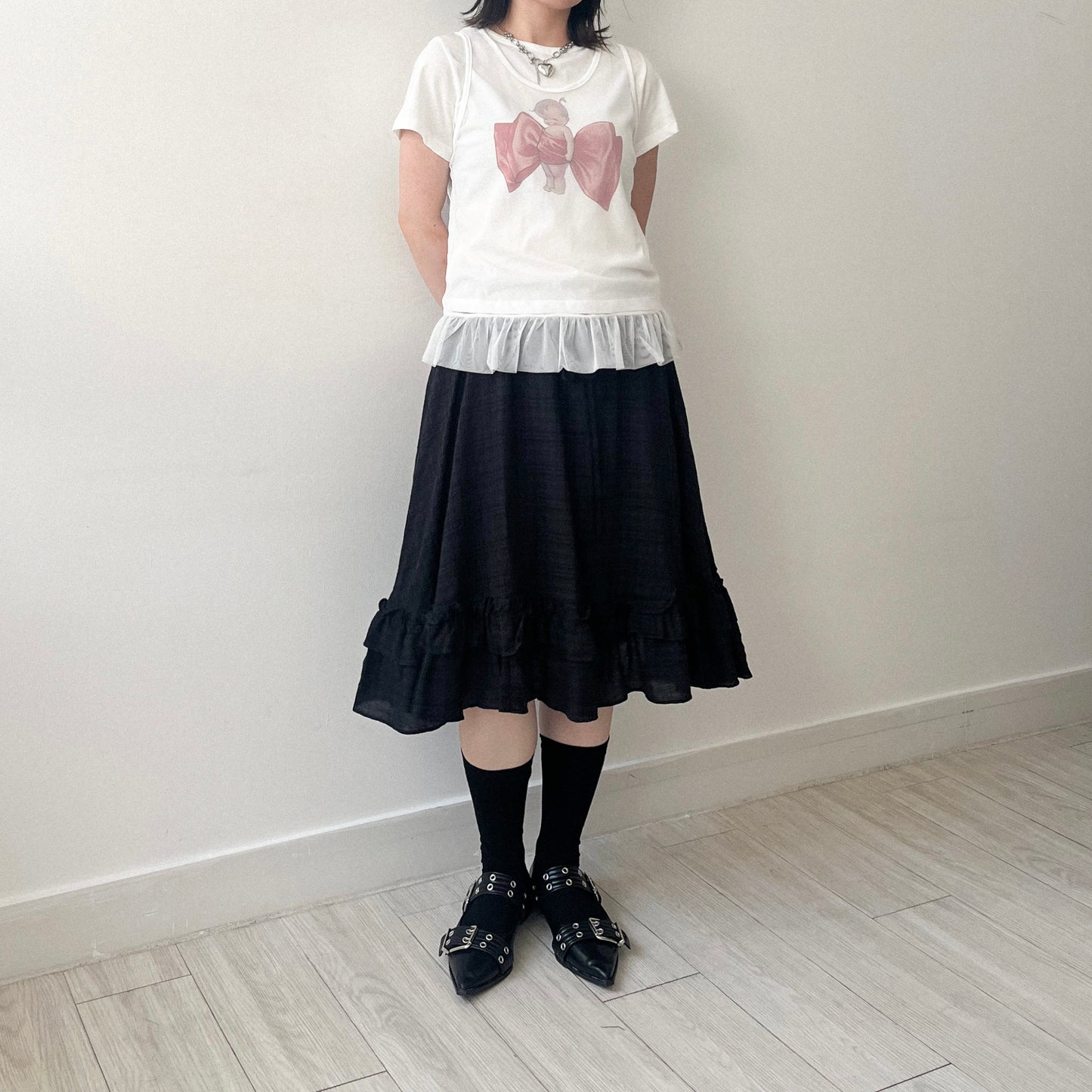 TP639- Baby Ribbon Top | White | Charcoal