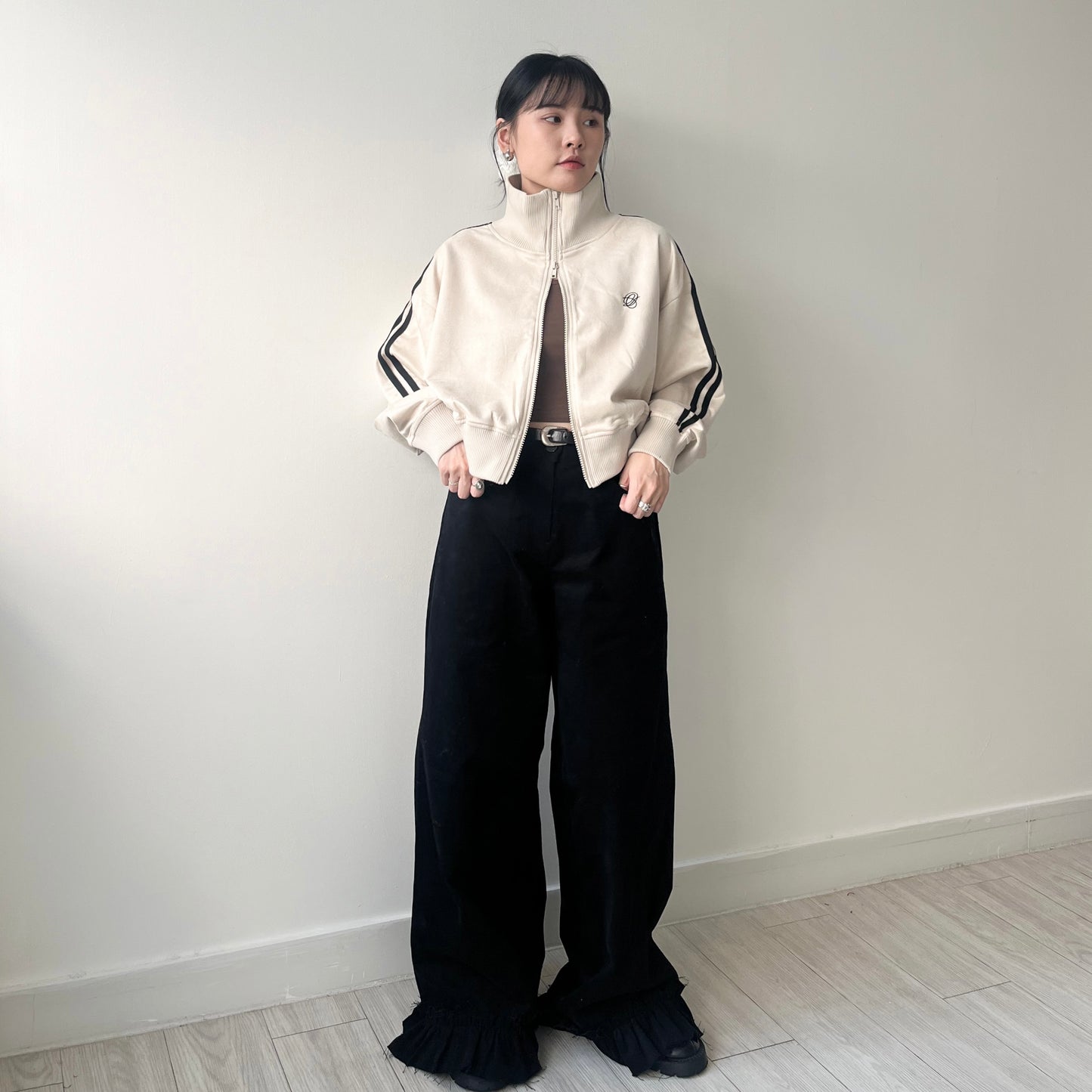 JK33- Cropped Track Jacket | Ivory | Brown | Charcoal