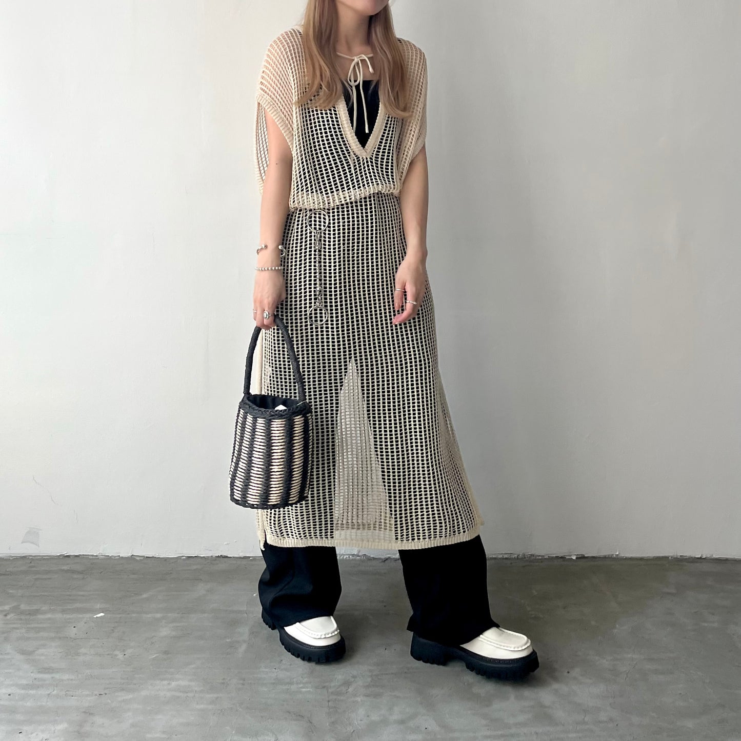 OP40- Long Knit One Piece | Ivory | Green