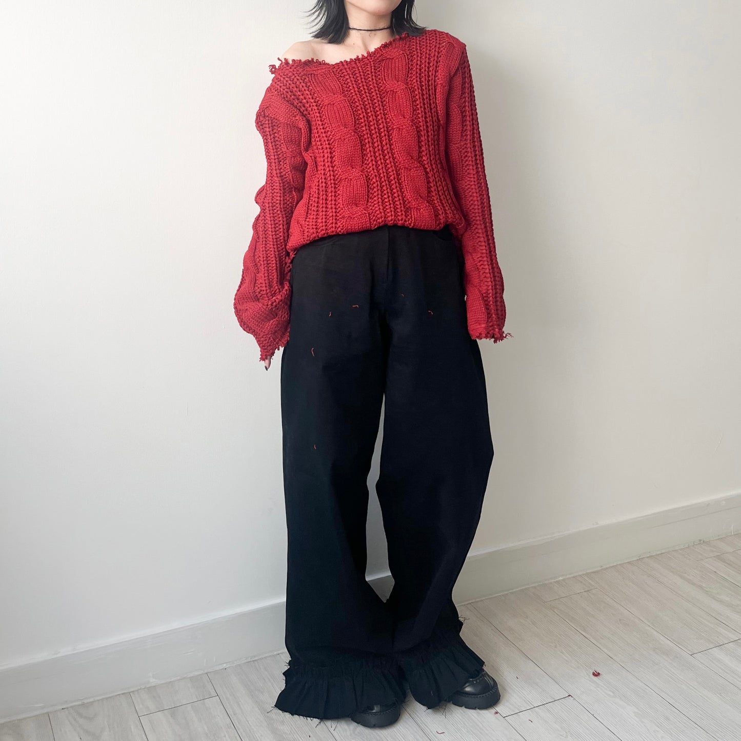 TP443- 破邊粗冷衫 | Ivory | Red | Grey | Black