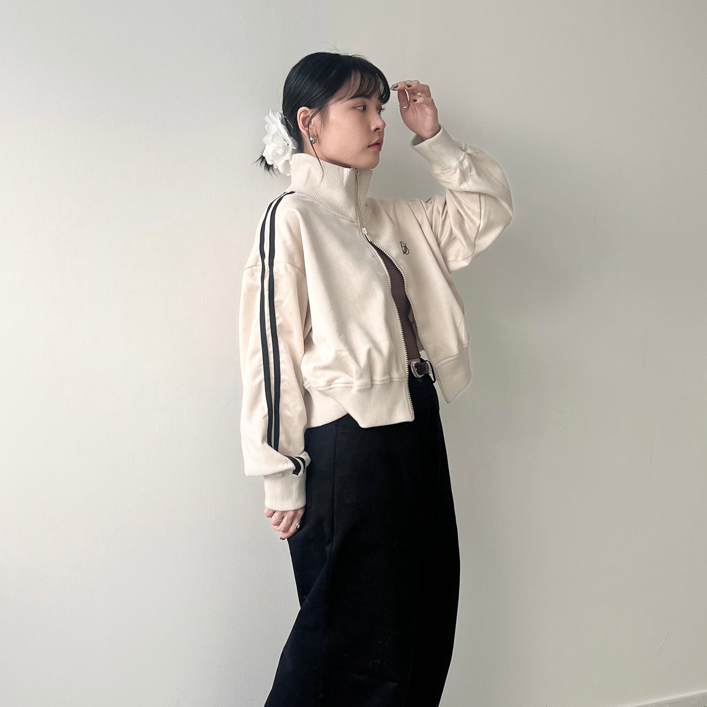 JK33- Cropped Track Jacket | Ivory | Brown | Charcoal