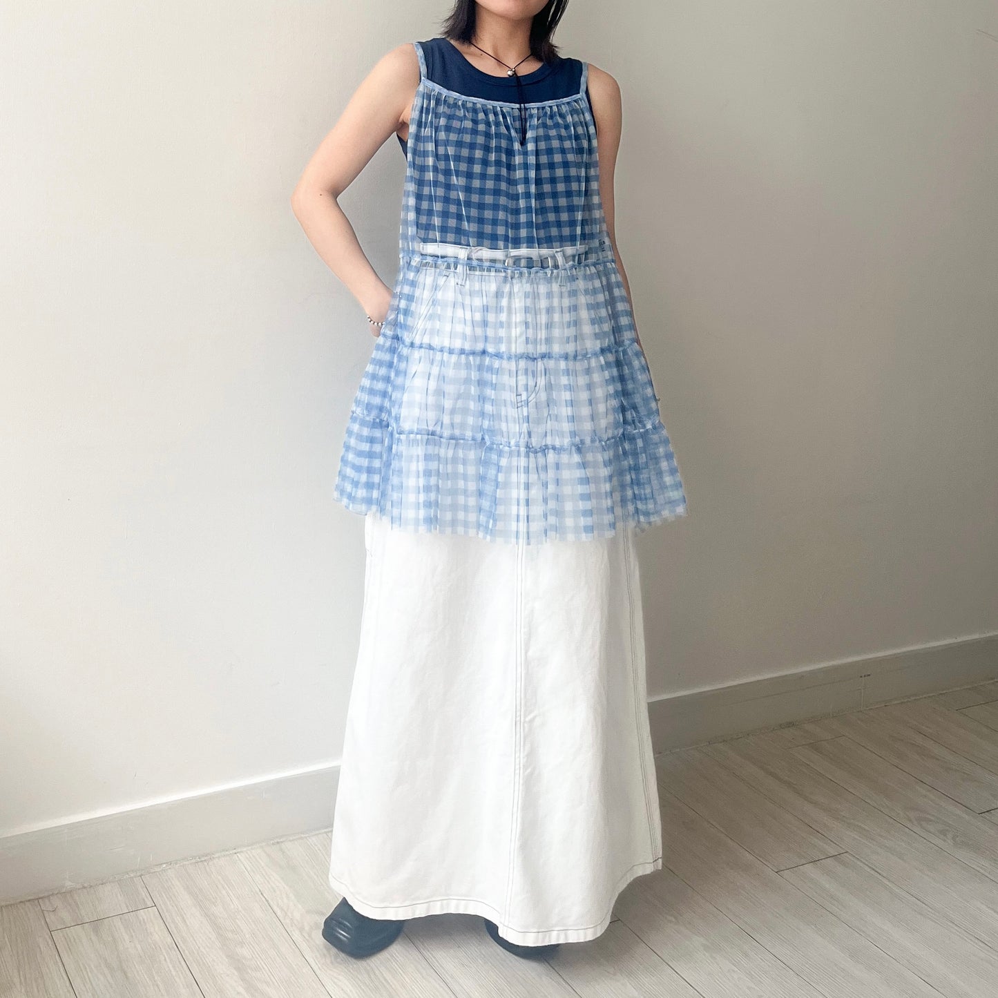 TP496- See-through Checked Top | Blue| Grey