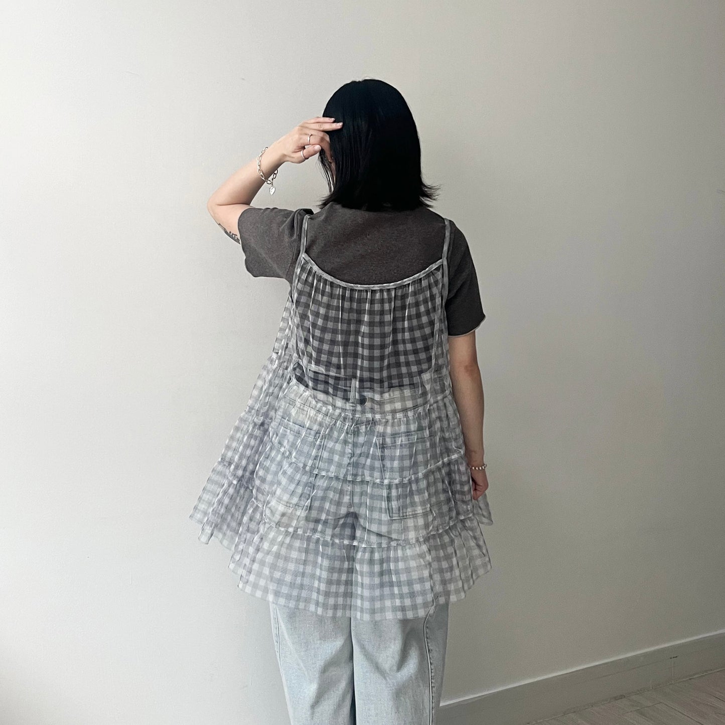 TP496- See-through Checked Top | Blue| Grey