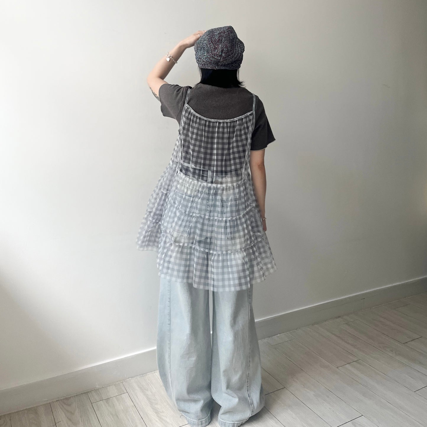 TP496- See-through Checked Top | Blue| Grey
