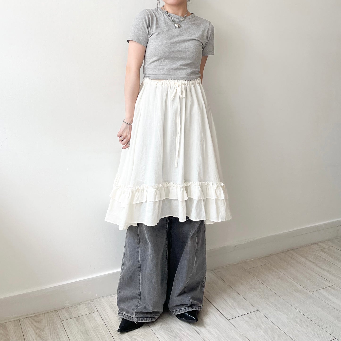 SK125- Checked Ruffle Skirt | Natual | Black