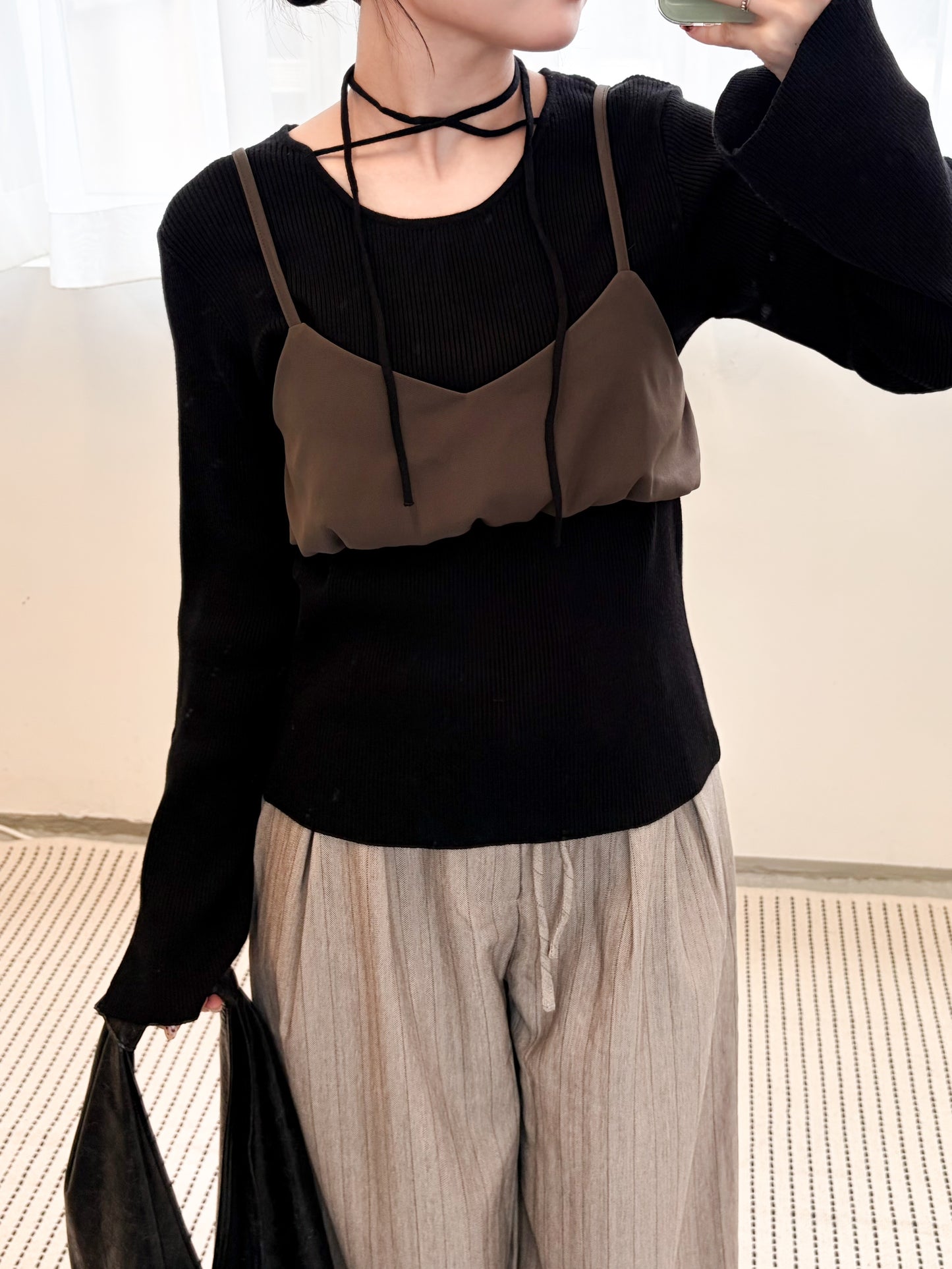 TP682- Neck String ribbon Knit Top | Ivory | Blue | Black