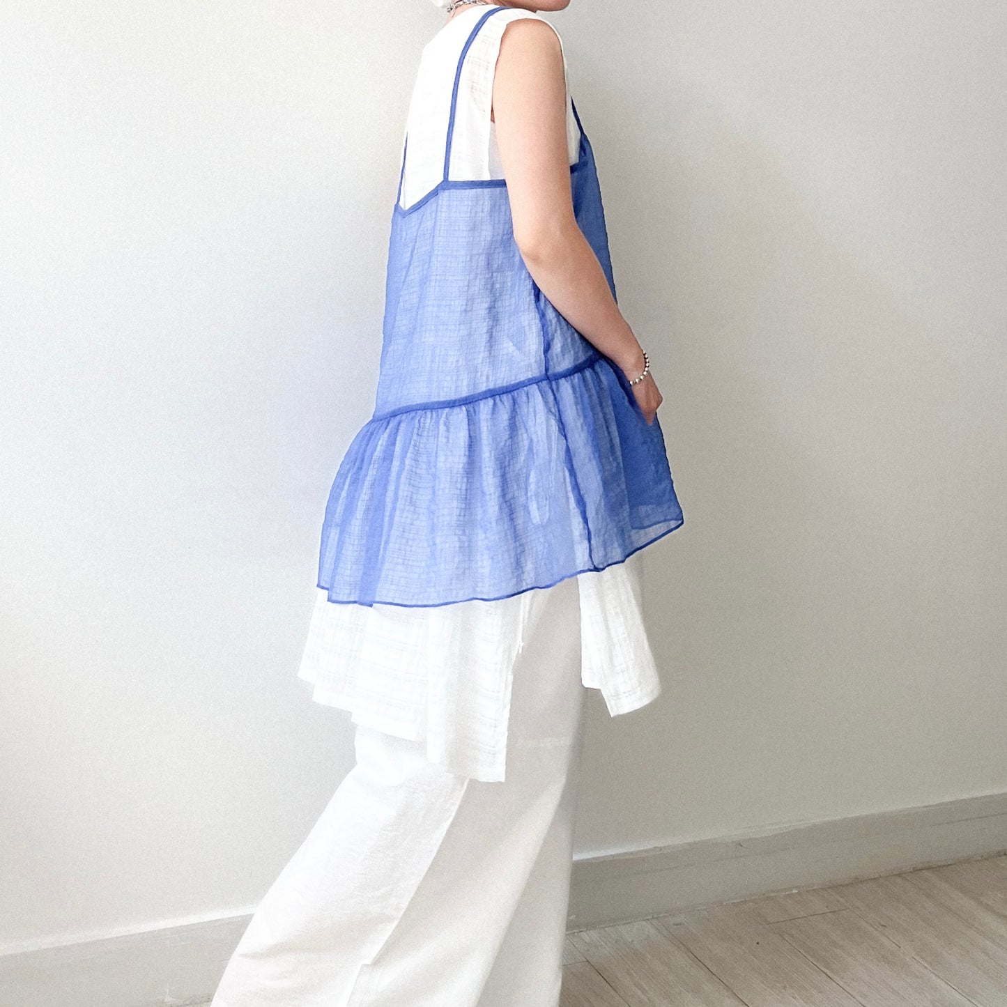 TP641- See-though Checked Vest | White | Blue | Black