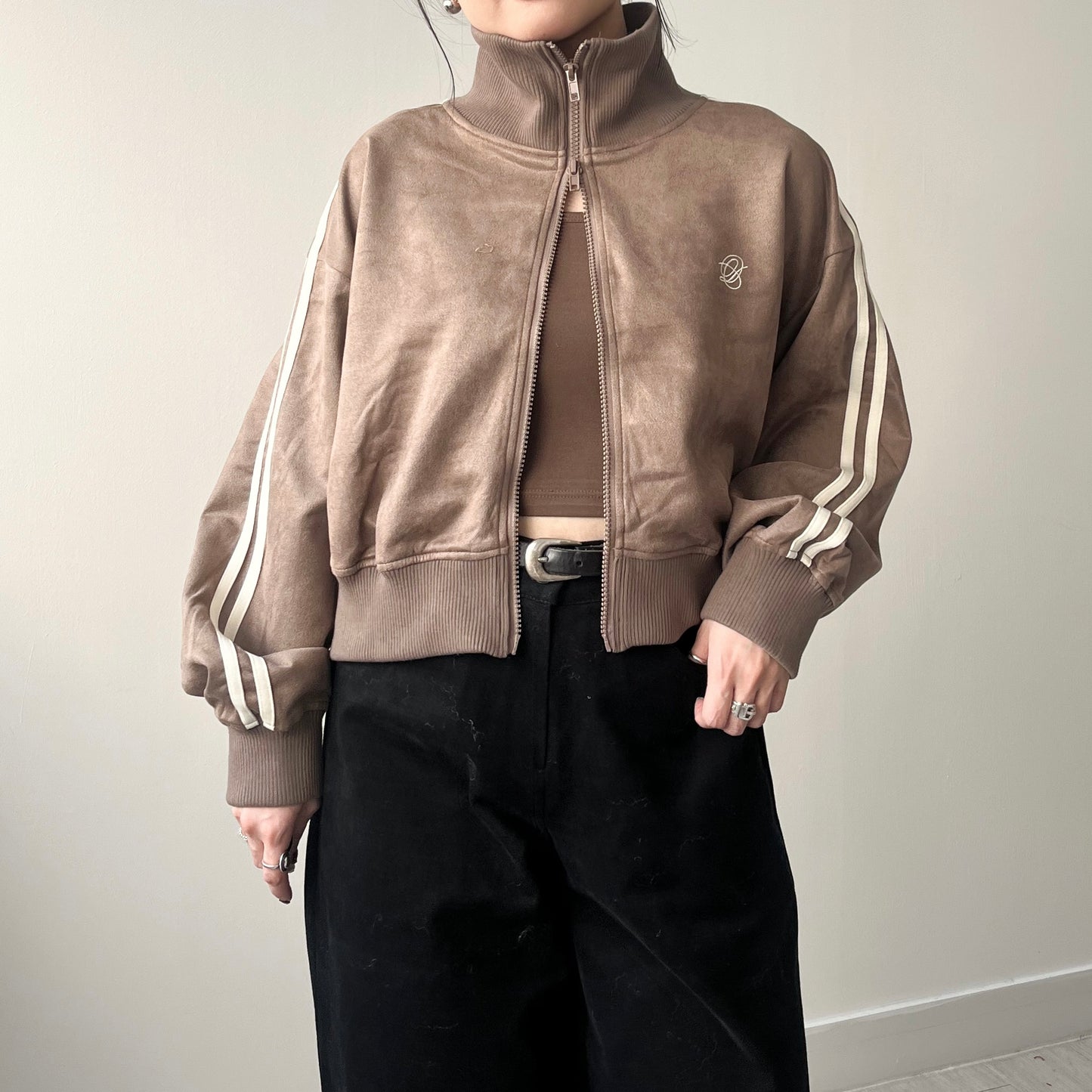 JK33- Cropped Track Jacket | Ivory | Brown | Charcoal