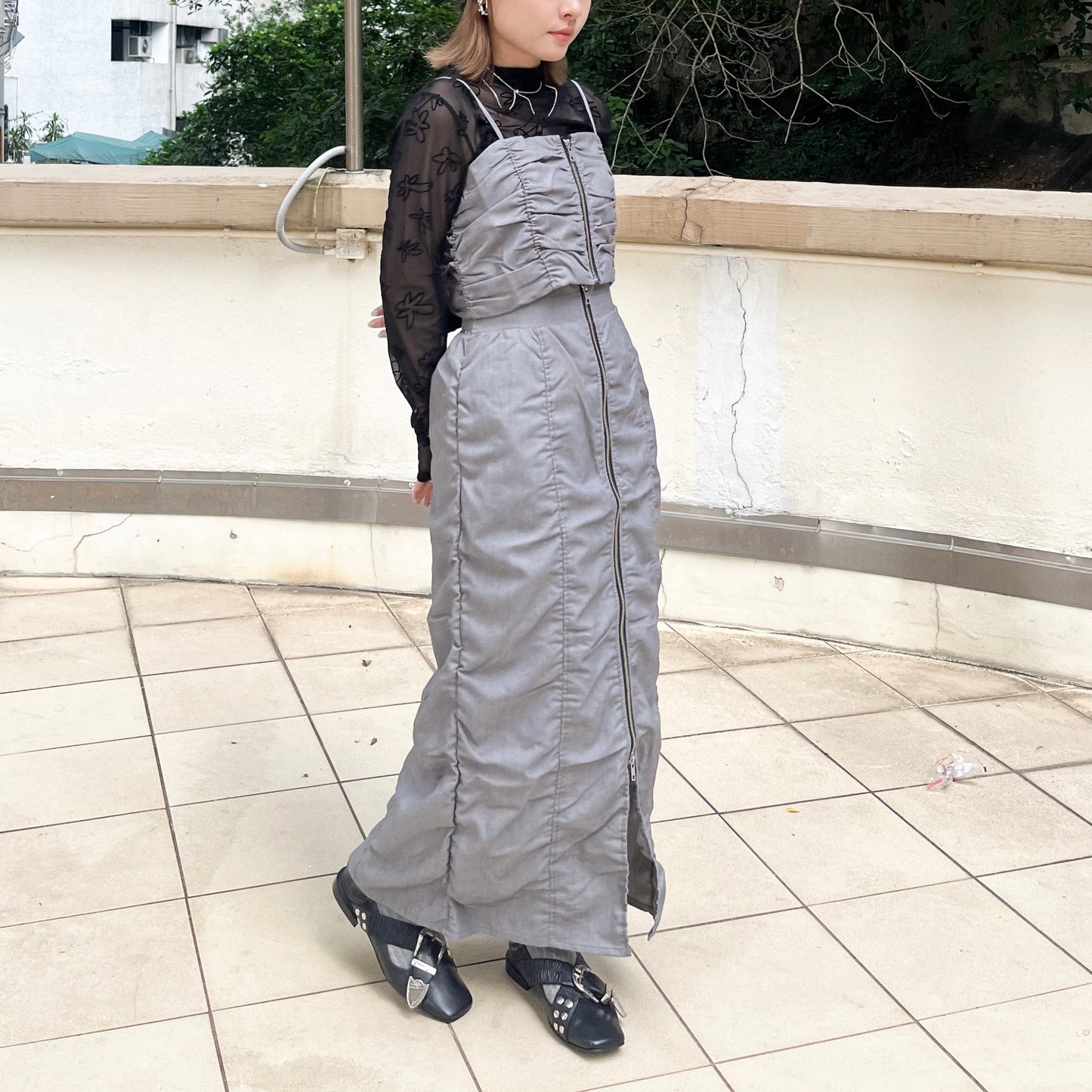 SK87- Shirring Zip line Skirt | Grey | Black