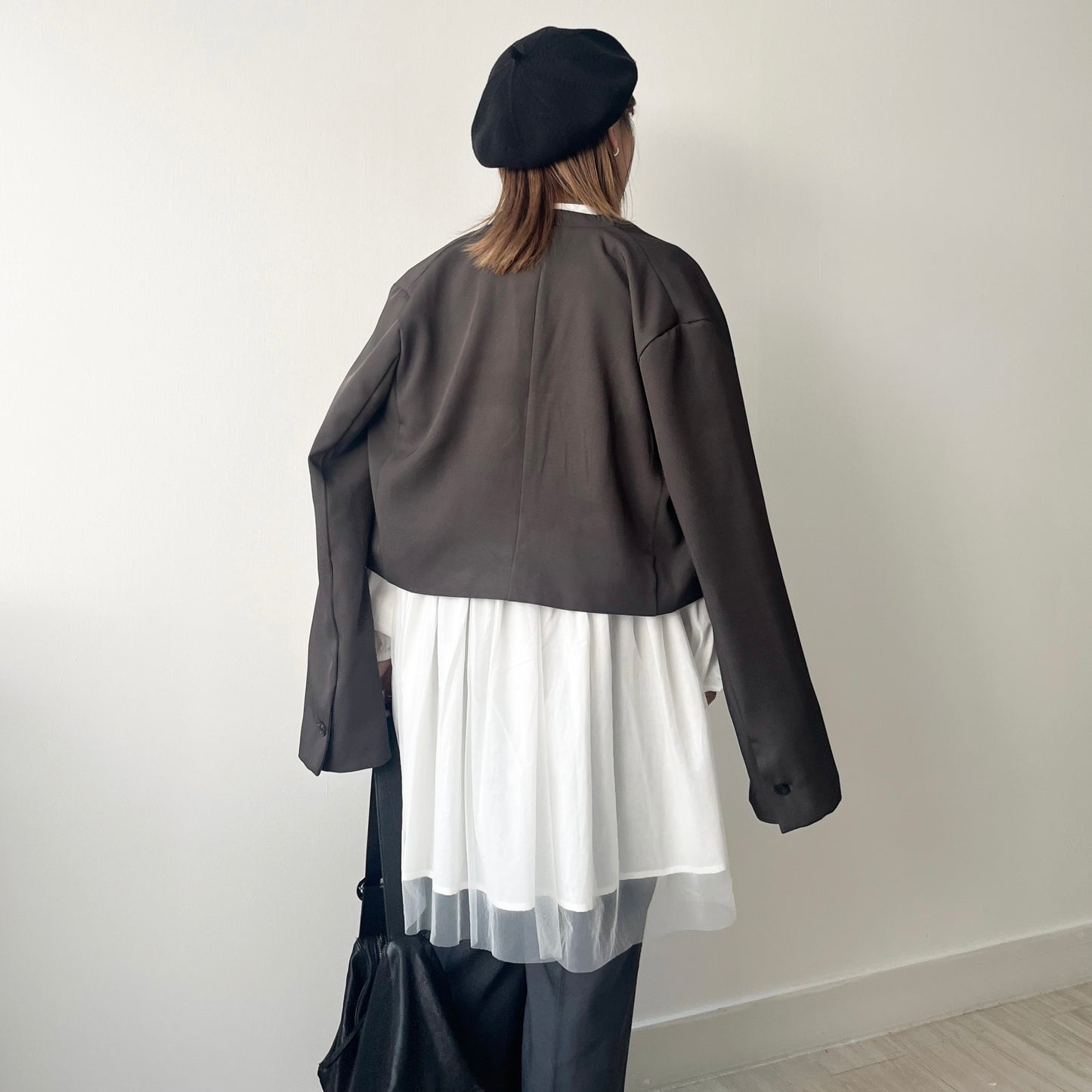 JK20- Collarless Short Jacket | Grey | Black
