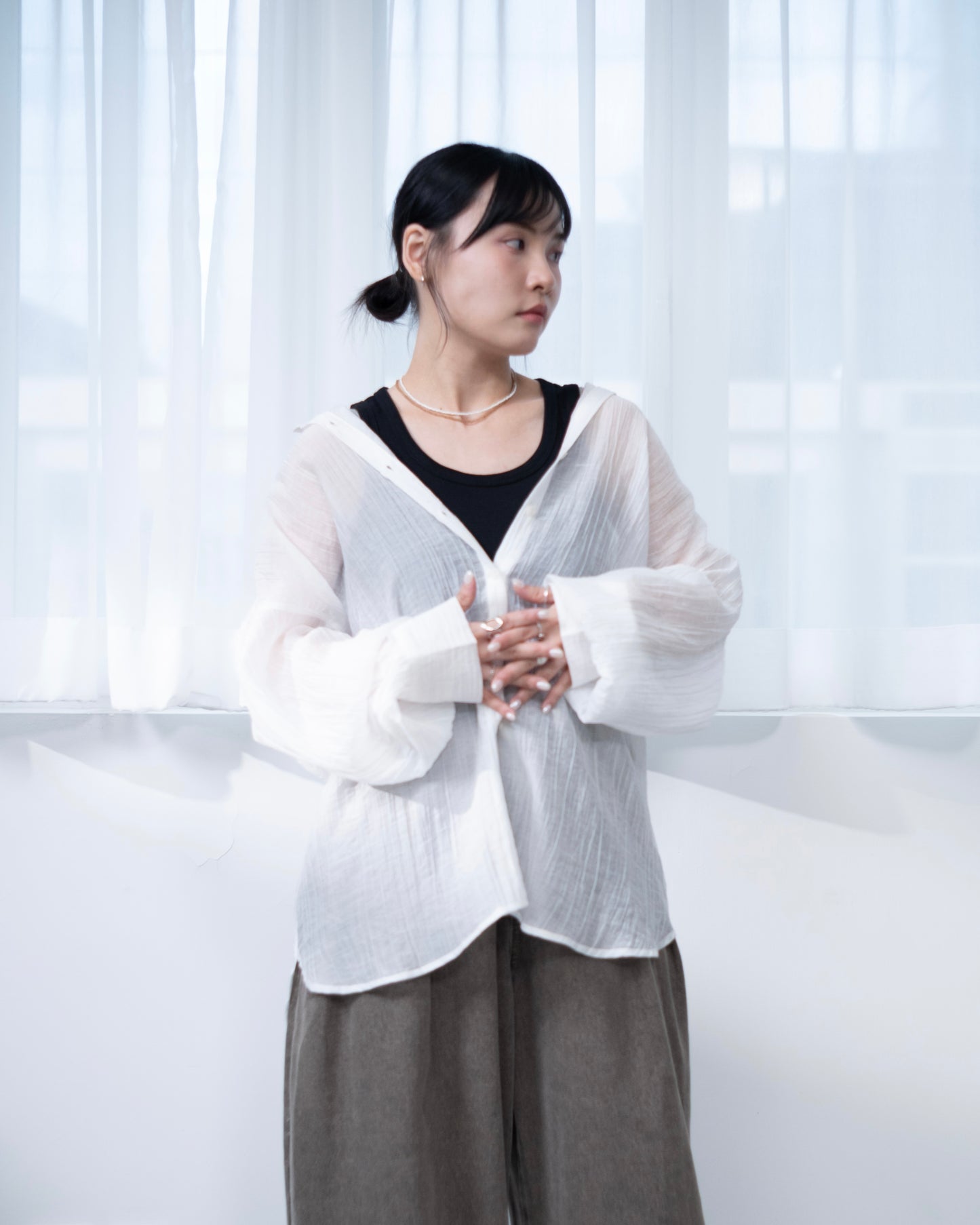 TP666- Crinkle Puff Sleeve Sheer | White | Brown | Black