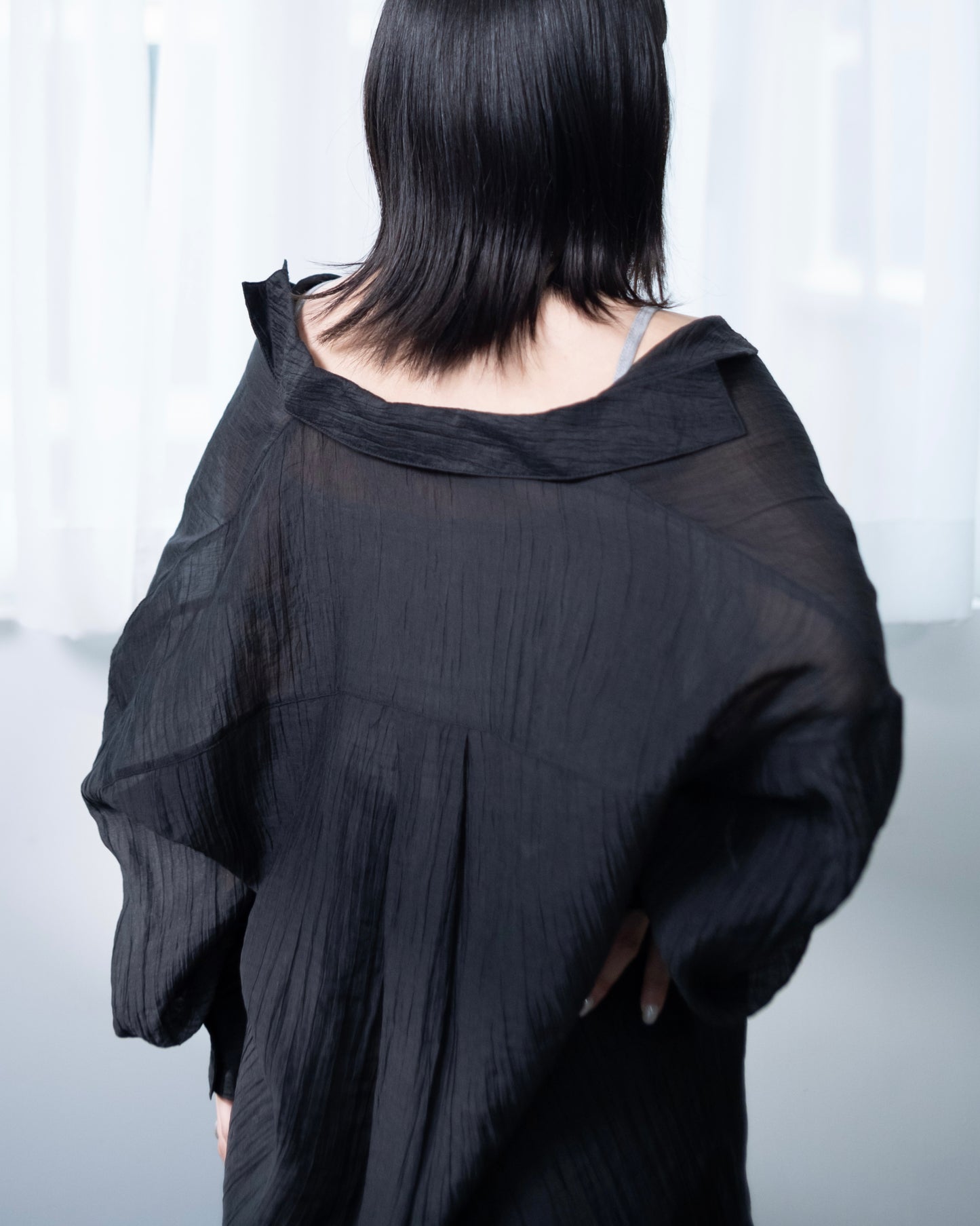 TP666- Crinkle Puff Sleeve Sheer | White | Brown | Black