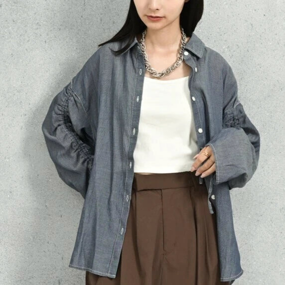 TP667- Soft Denim Drawsting Shirt | Light Blue | Blue | Black