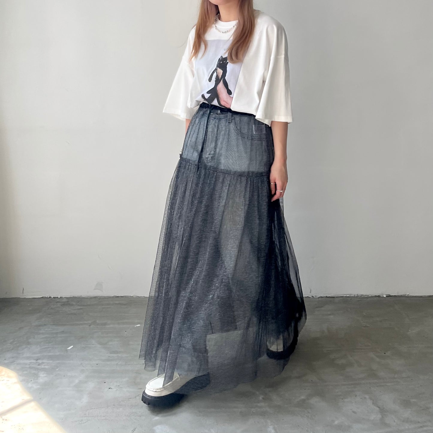 SK34- See through layer Skirt | Ecru | Black