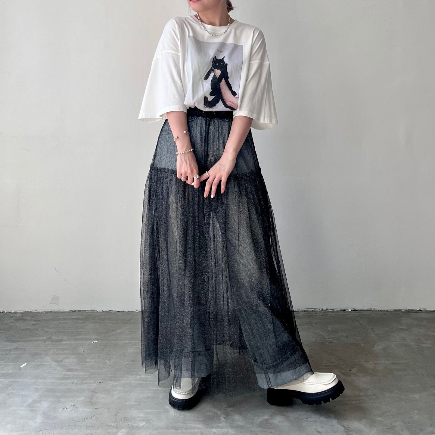 SK34- See through layer Skirt | Ecru | Black