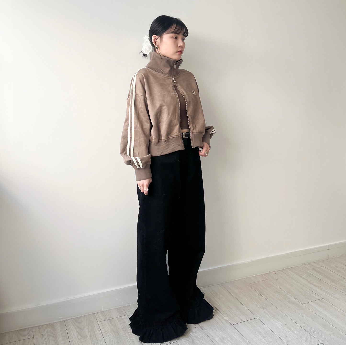 JK33- Cropped Track Jacket | Ivory | Brown | Charcoal