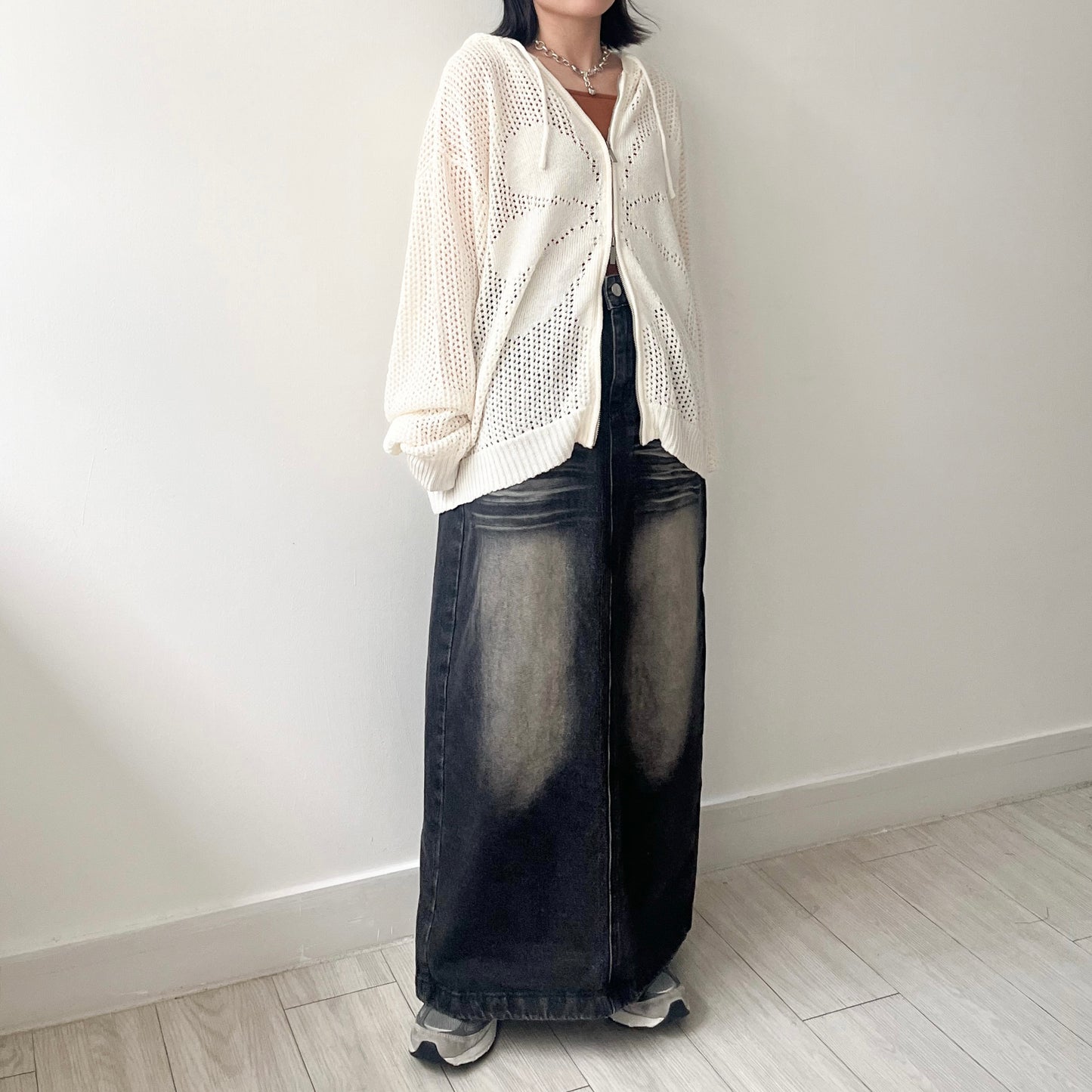JK40- UNISEX Fafa Mesh Cardigan | Ivory | Sky Blue | Charcoal | Black