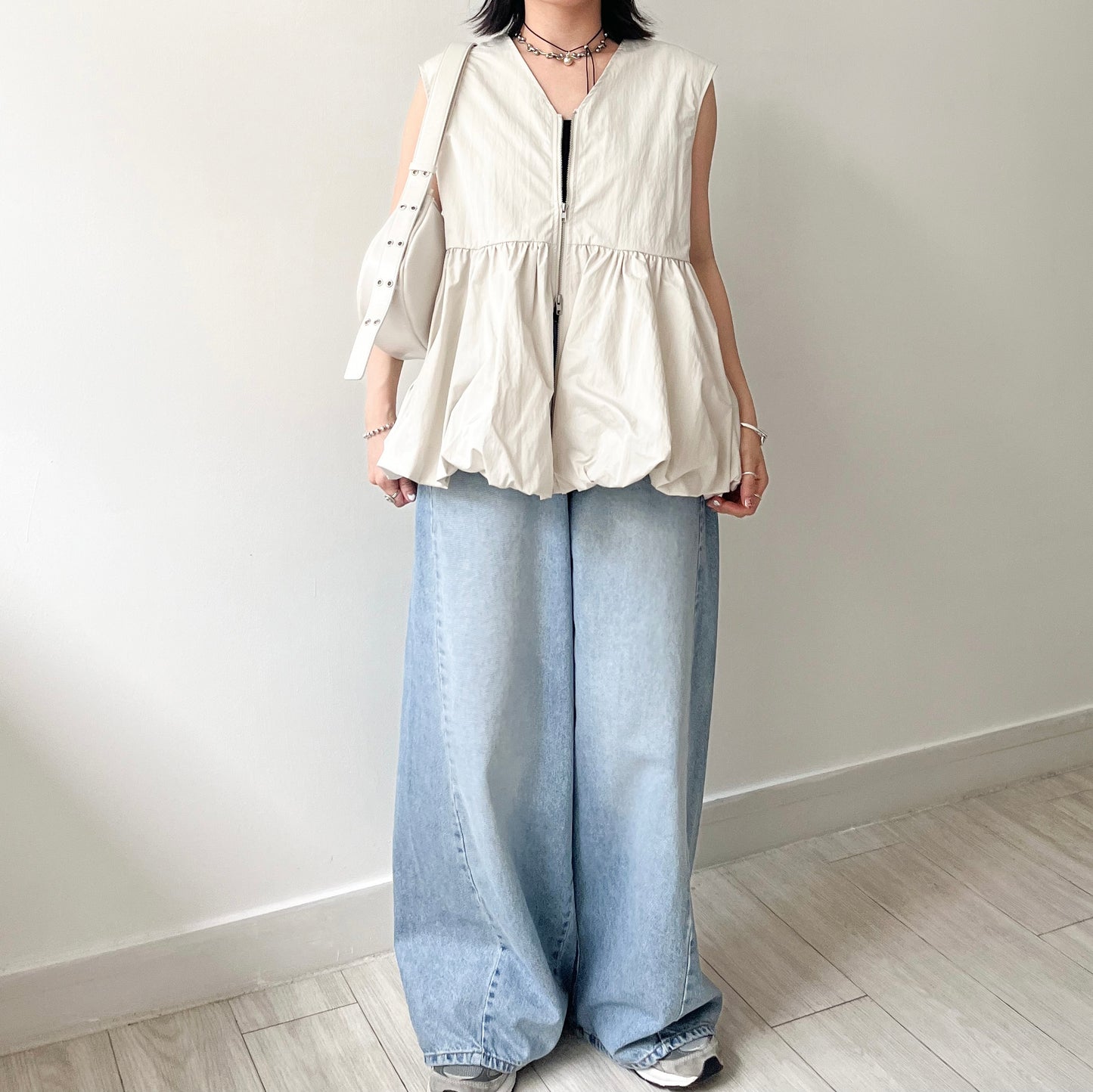 TP489- Double Zip Taffeta Vest | Ivory | Black