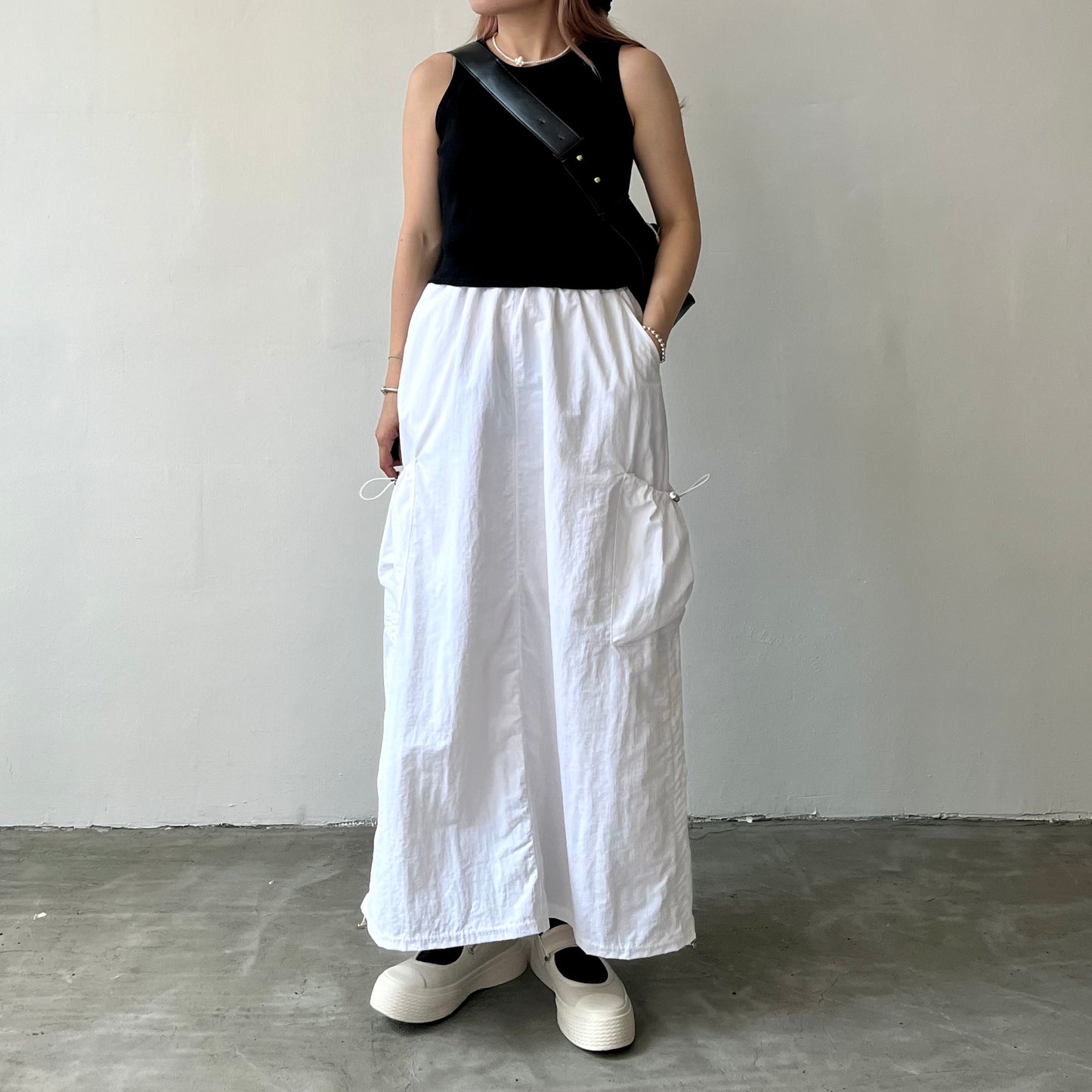 SK32- Two Drawstring Pocket Skirt | White | Blue | Black