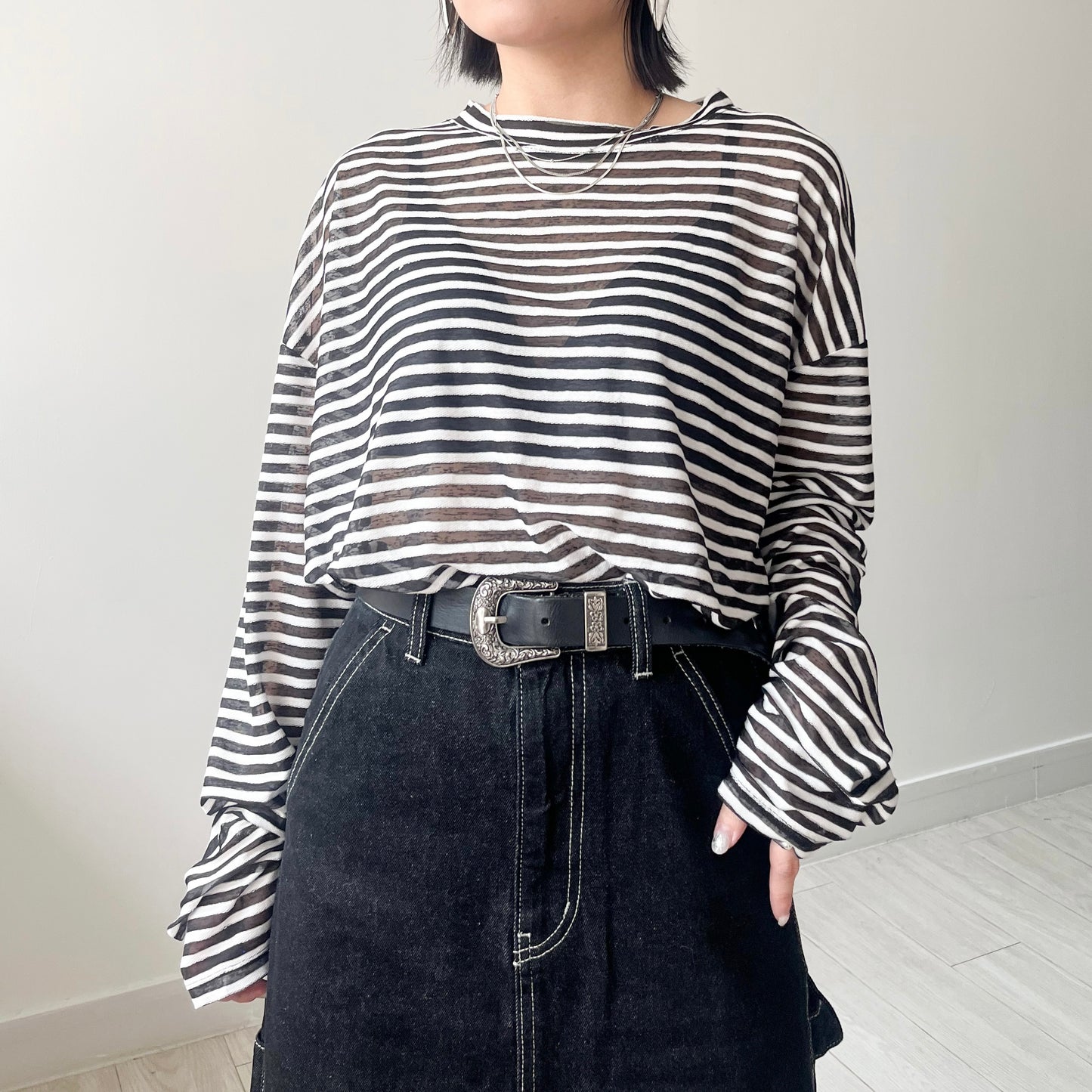 TP460- Stripe Sheer Knit Pullover | Navy | Black