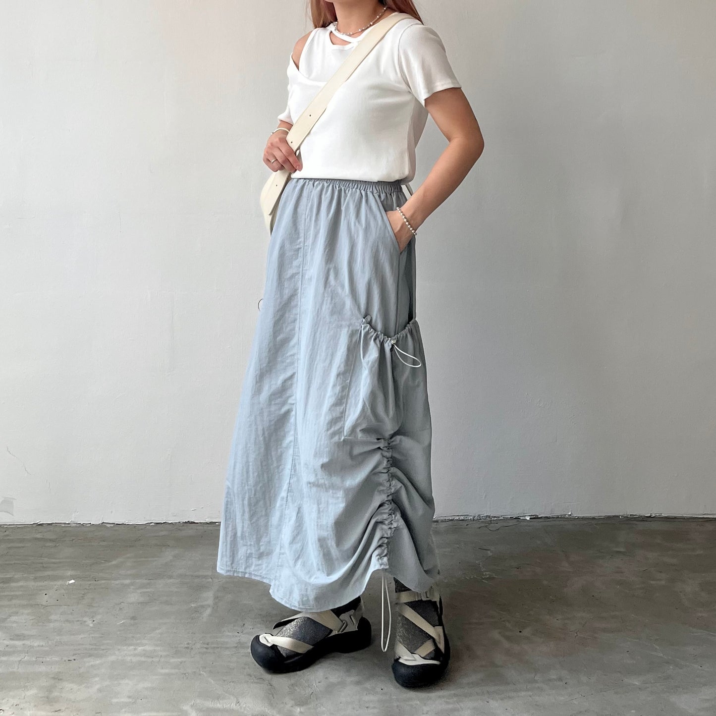 SK32- Two Drawstring Pocket Skirt | White | Blue | Black