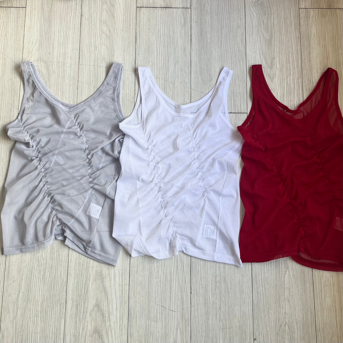 TP645- 斜Cut See-thought Vest Top | White | Red | Grey