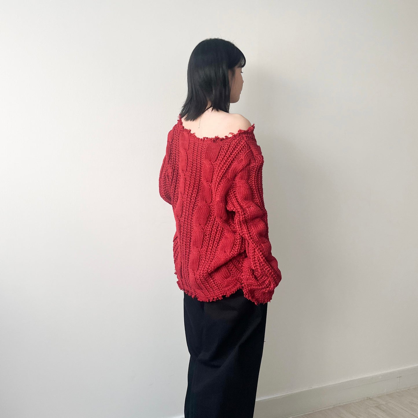 TP443- 破邊粗冷衫 | Ivory | Red | Grey | Black