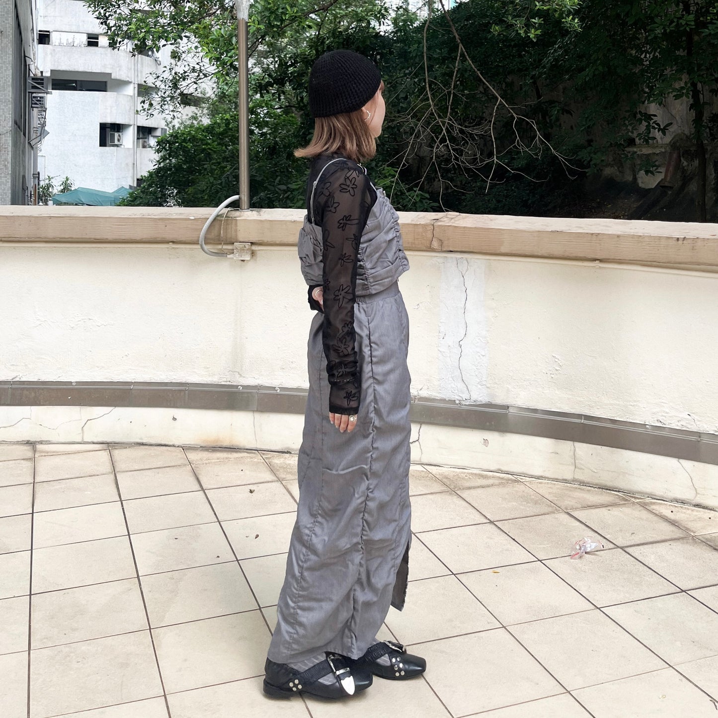 SK87- Shirring Zip line Skirt | Grey | Black