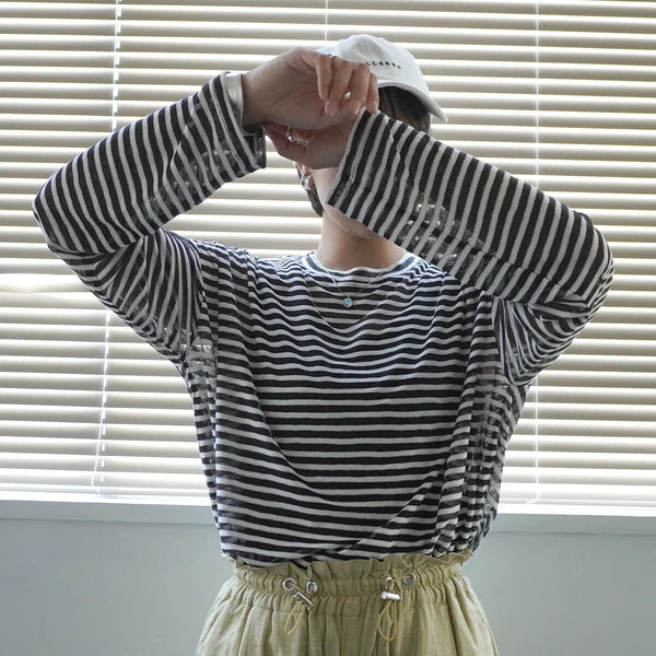TP460- Stripe Sheer Knit Pullover | Navy | Black