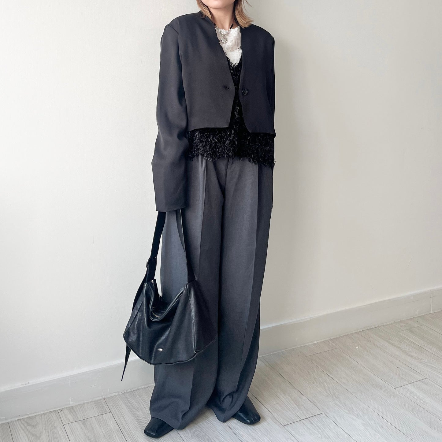 JK20- Collarless Short Jacket | Grey | Black