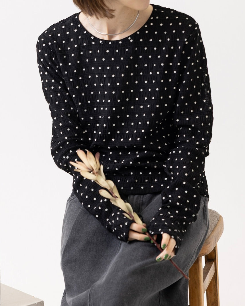 TP848- Crew Neck Polka Dot Top | Ivory | Black