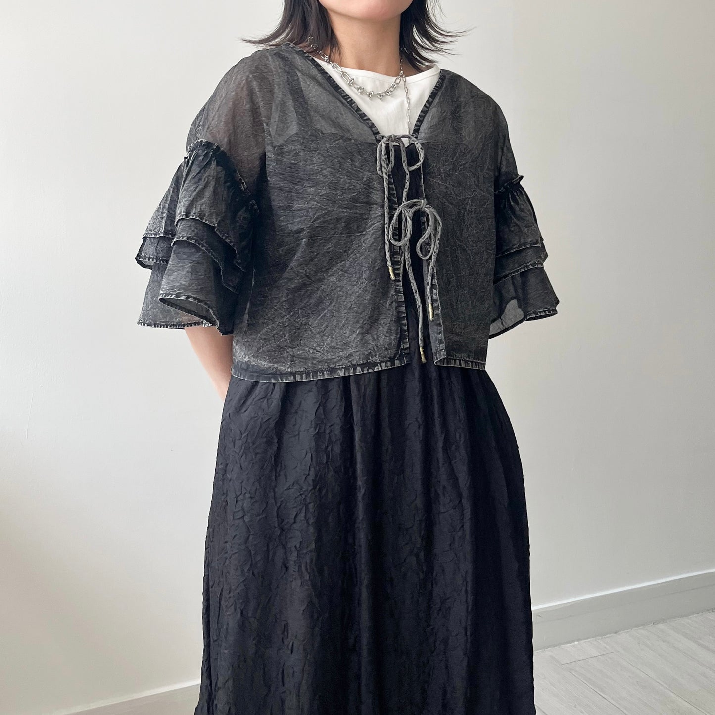 TP630- Ruffle Ribbon Cardigan | Grey Purple | Black