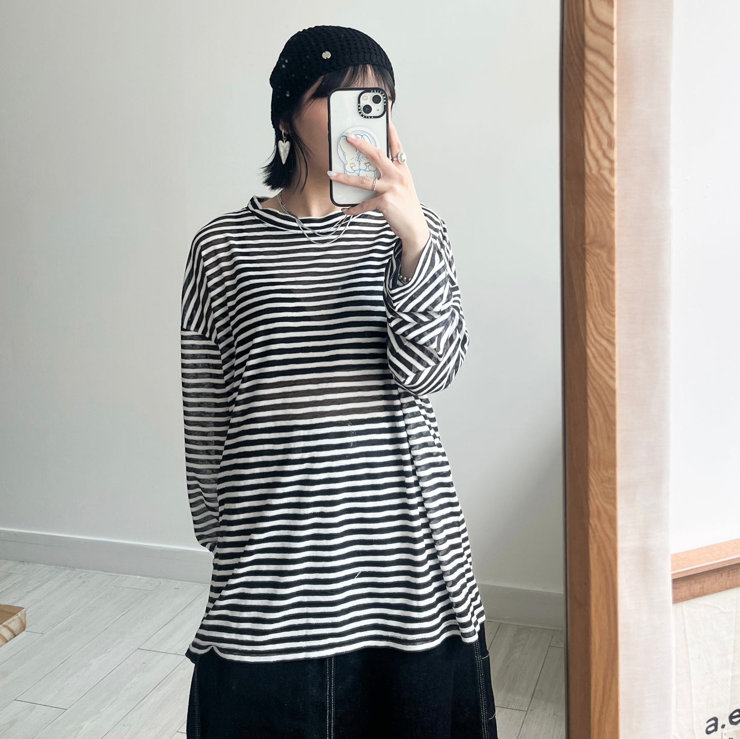 TP460- Stripe Sheer Knit Pullover | Navy | Black