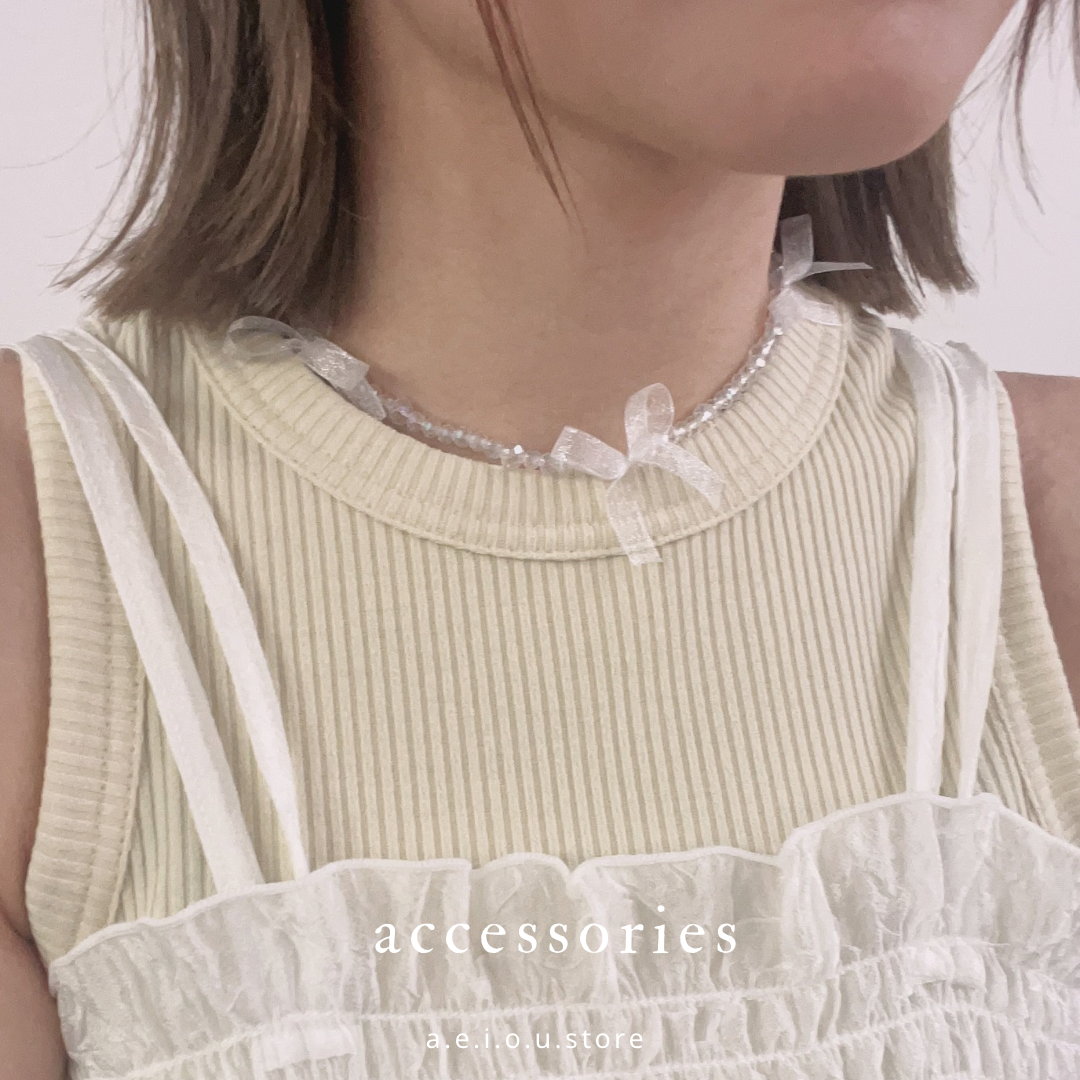 AC128- Three Silk Ribbon Necklace | White | Grey