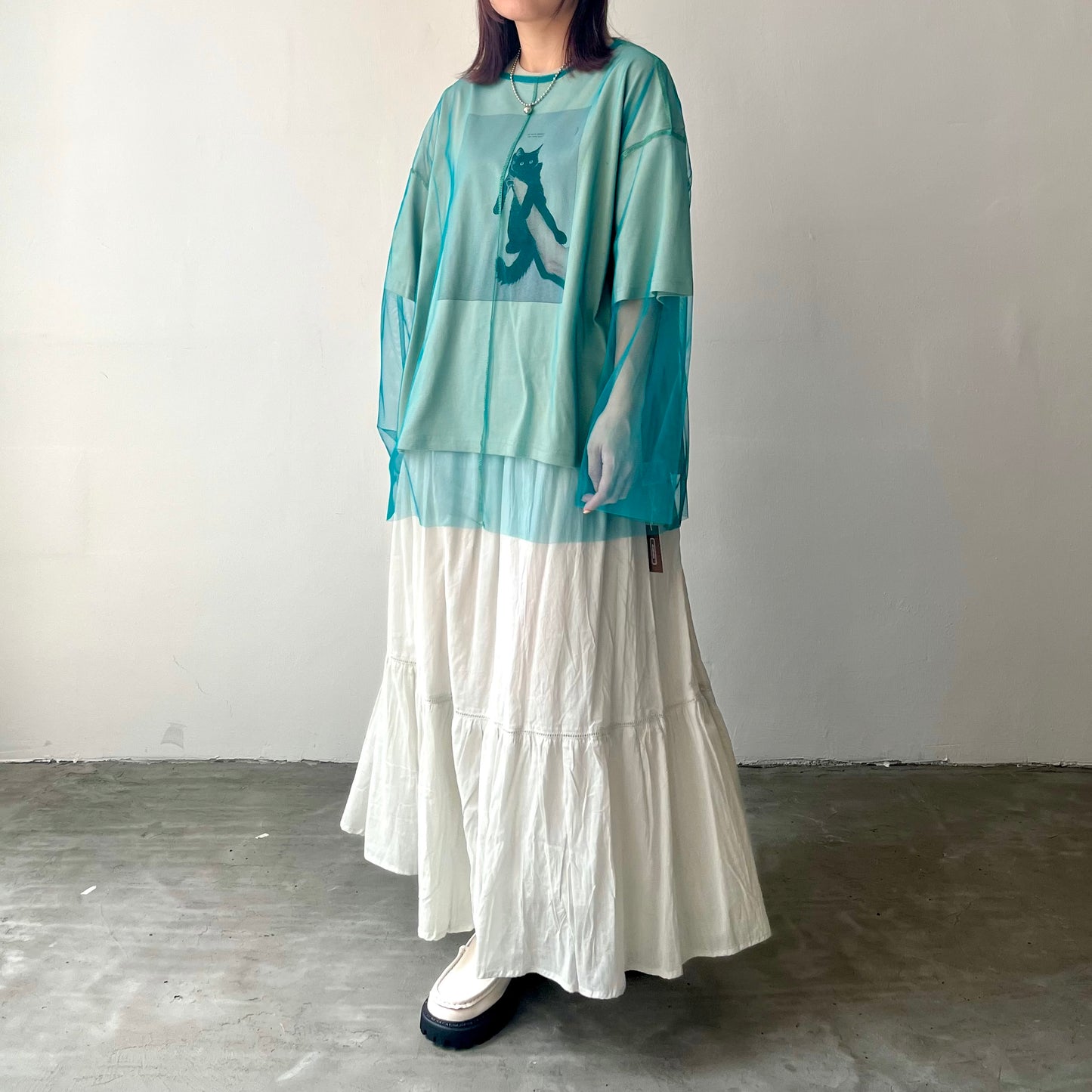 TP172- See through Long Tee | Ivory | Blue Green | Black