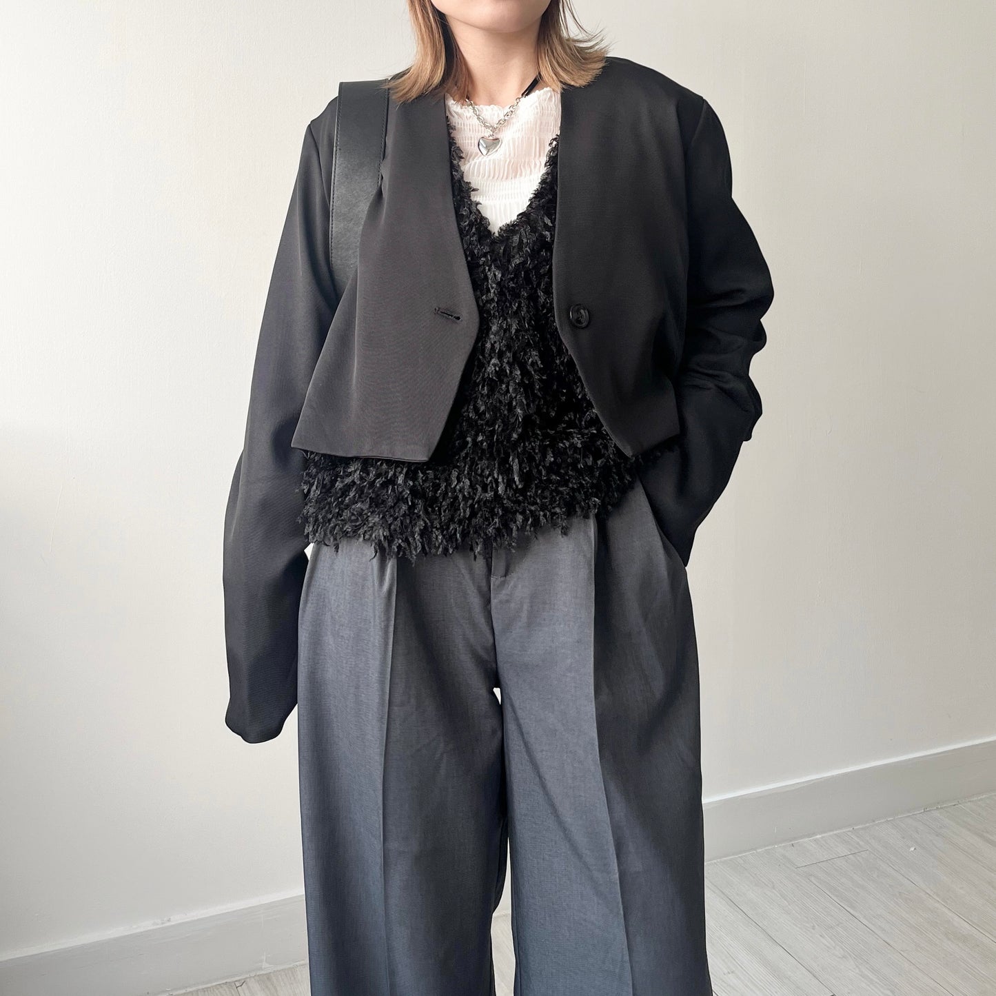 JK20- Collarless Short Jacket | Grey | Black