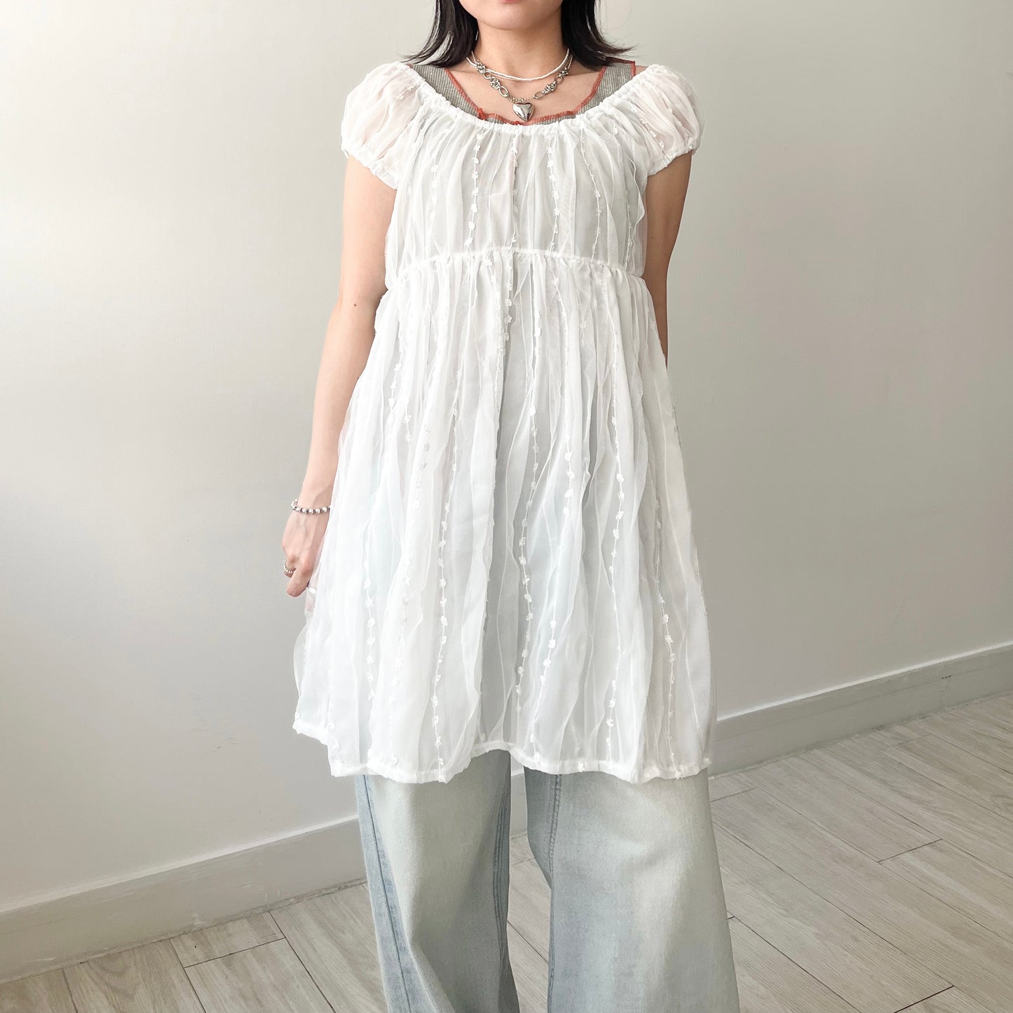 OP71- Embroidery U Neck Dress | White | Black