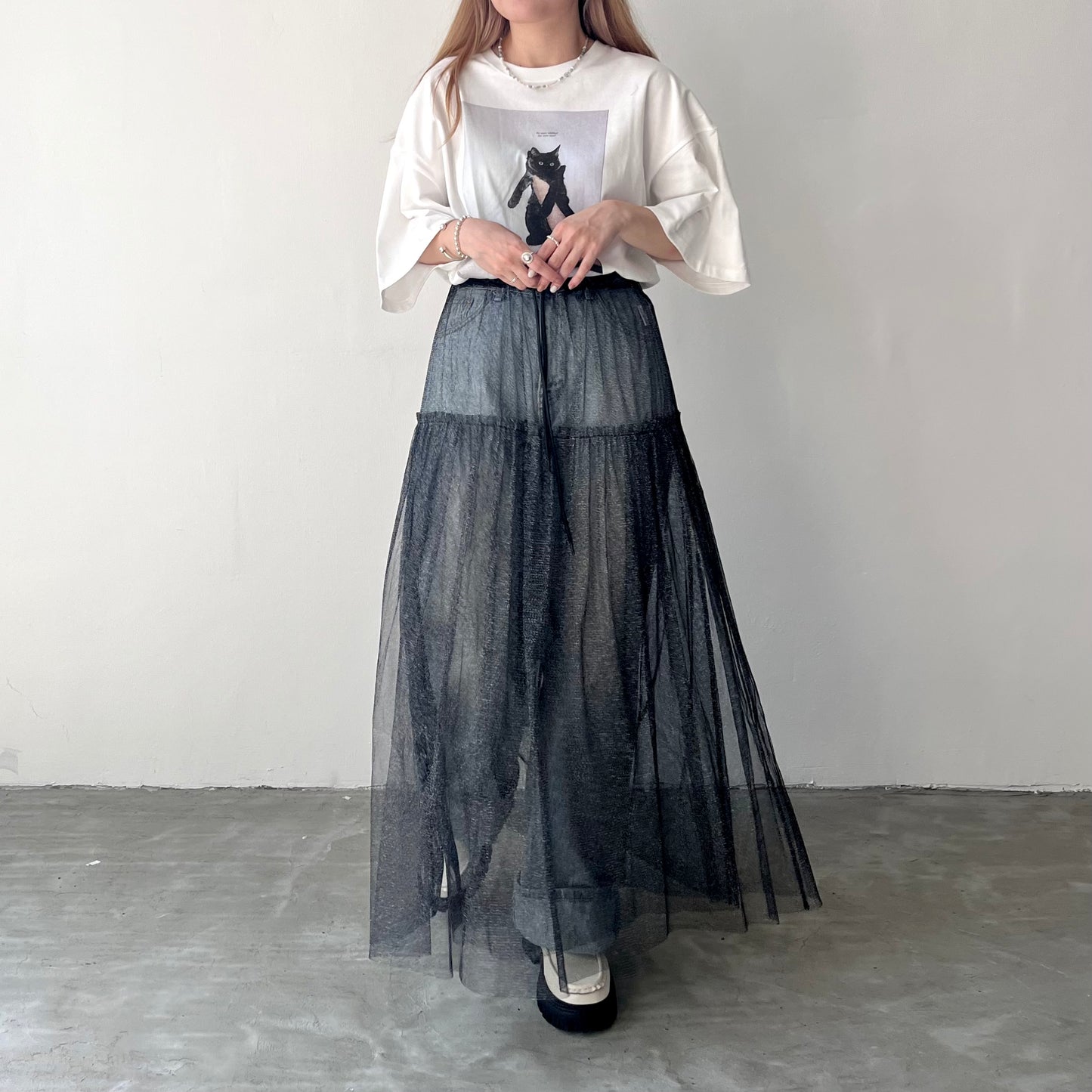 SK34- See through layer Skirt | Ecru | Black