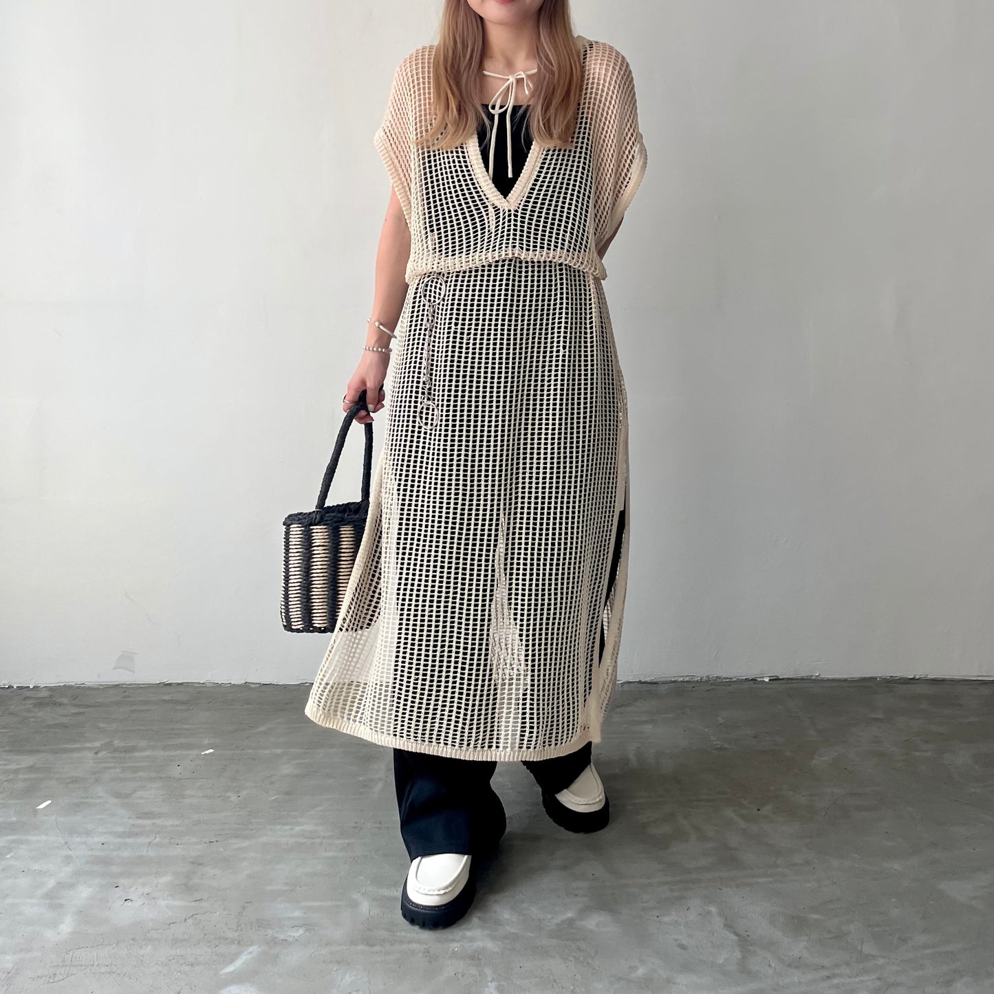 OP40- Long Knit One Piece | Ivory | Green