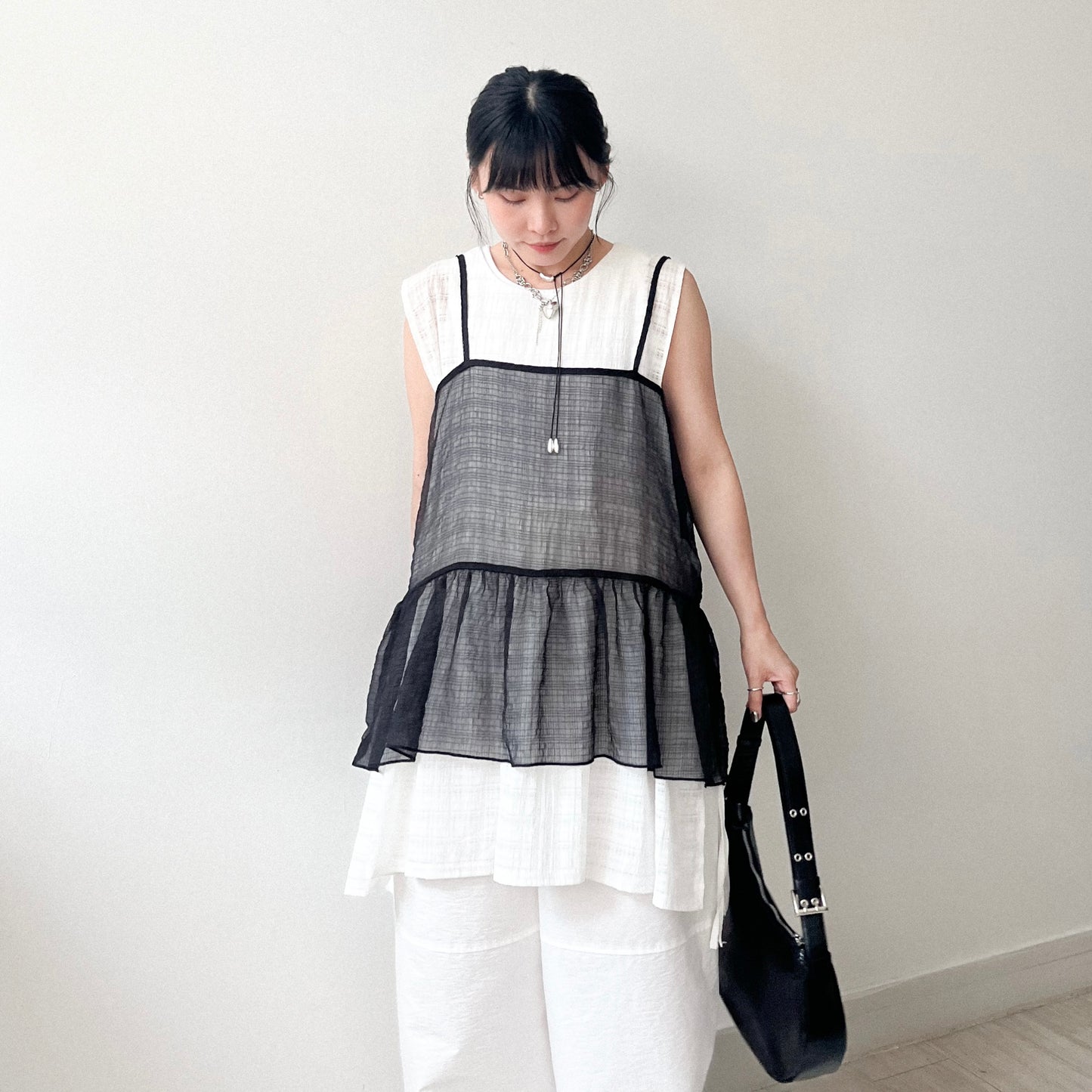 TP641- See-though Checked Vest | White | Blue | Black