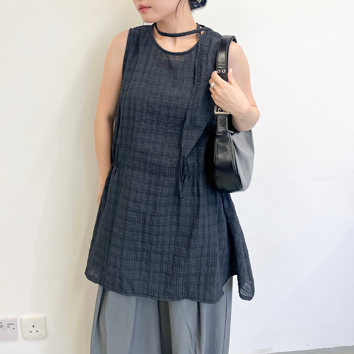 TP660- Back Ribbon Checked Vest Top | Grey | Navy