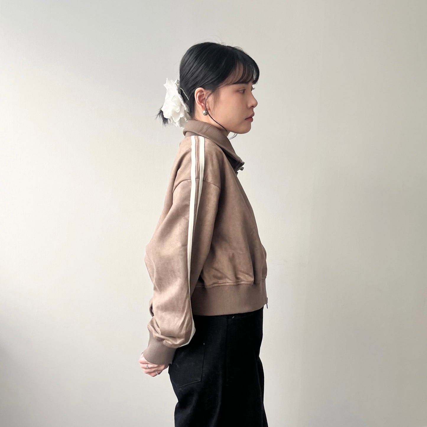 JK33- Cropped Track Jacket | Ivory | Brown | Charcoal
