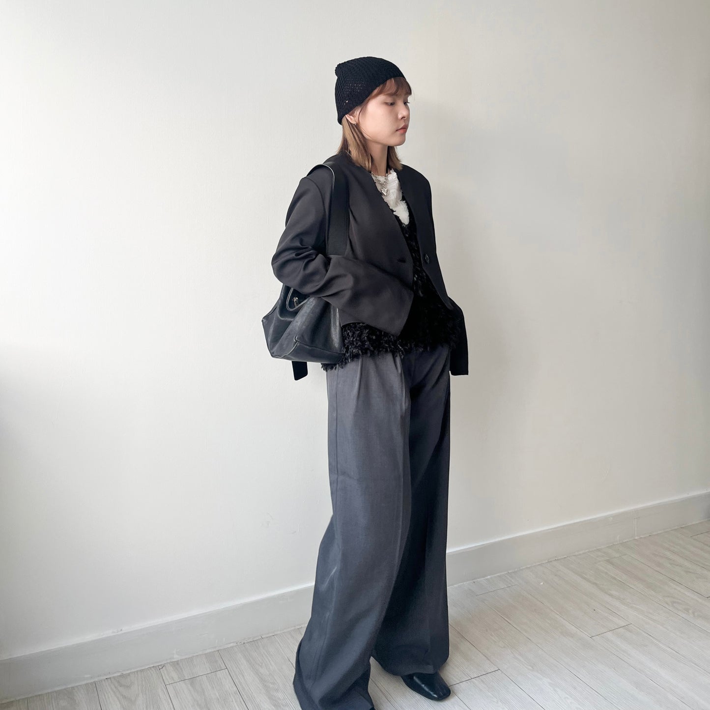 JK20- Collarless Short Jacket | Grey | Black