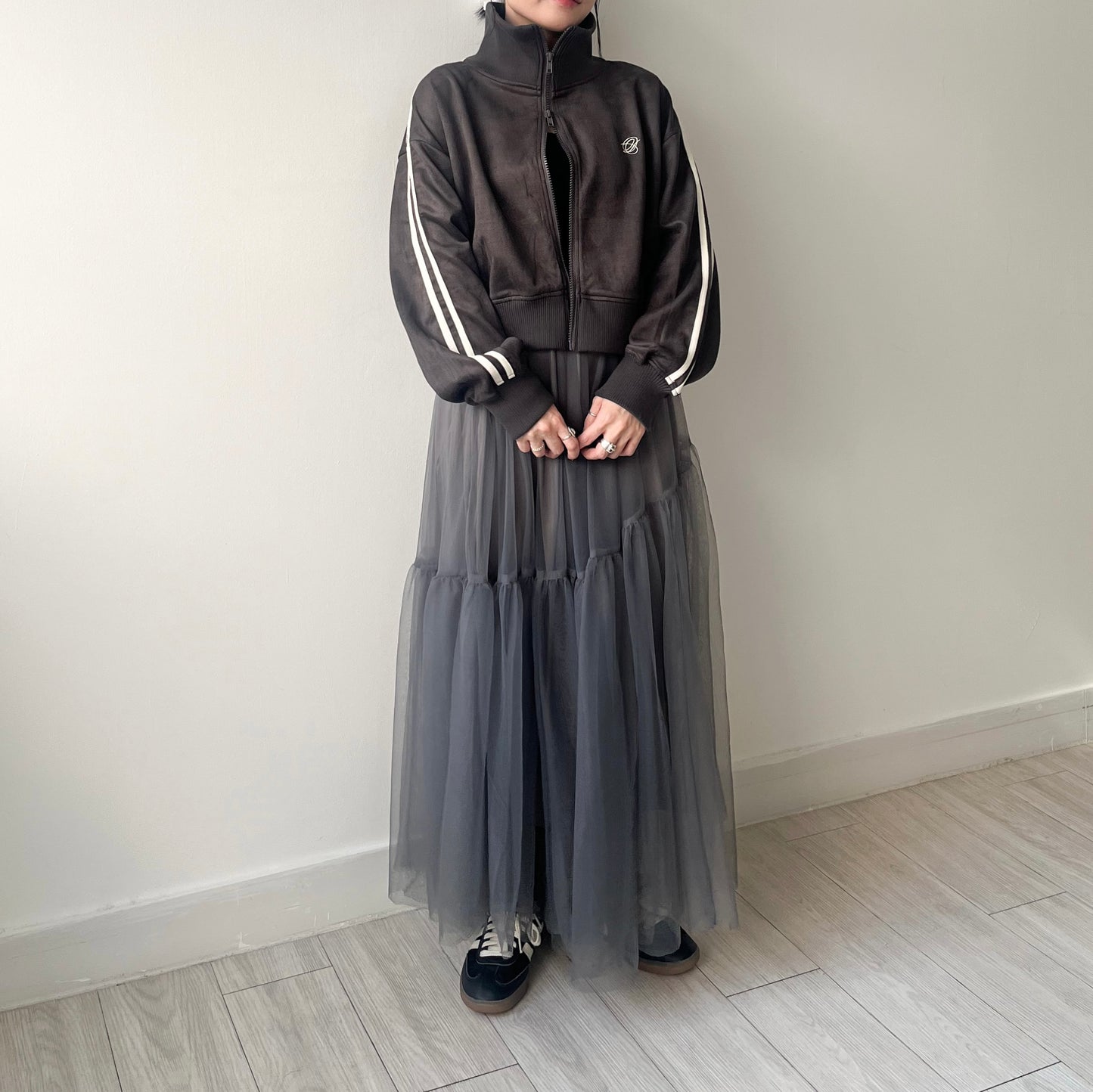 JK33- Cropped Track Jacket | Ivory | Brown | Charcoal