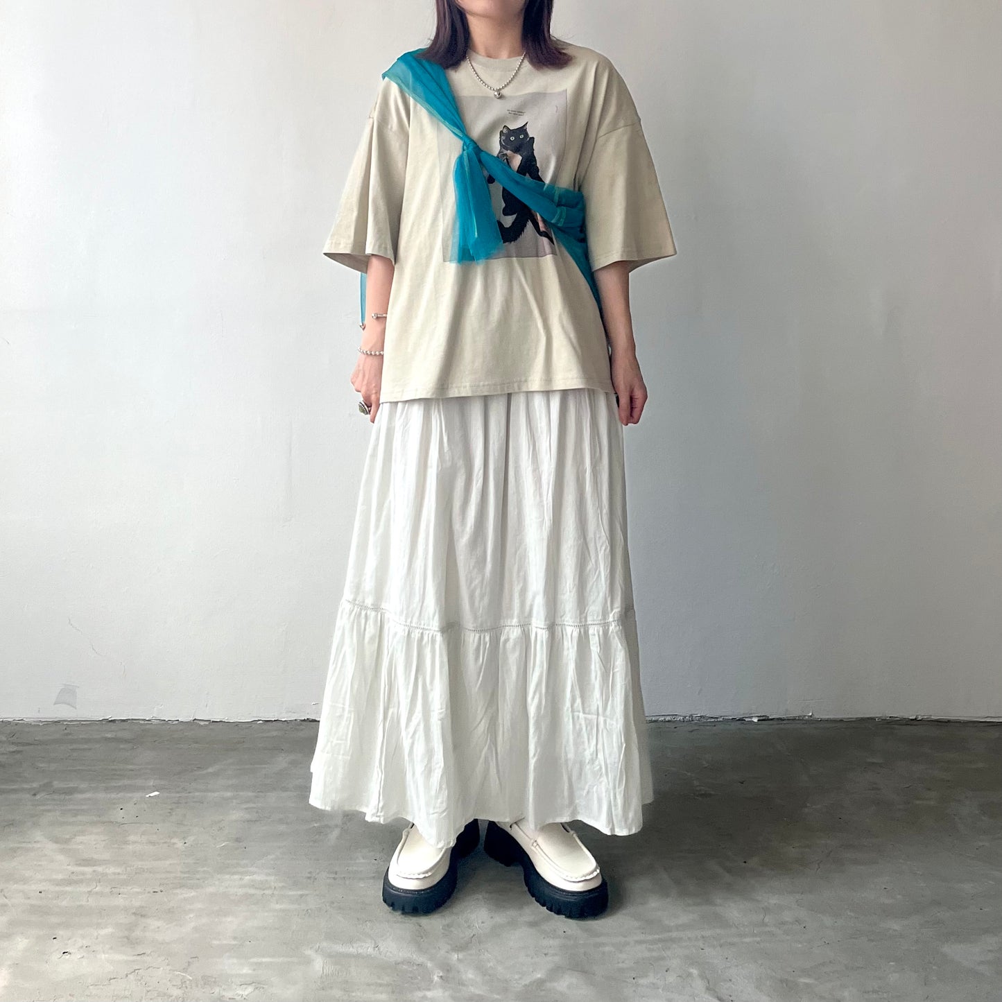 TP172- See through Long Tee | Ivory | Blue Green | Black