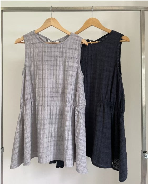 TP660- Back Ribbon Checked Vest Top | Grey | Navy