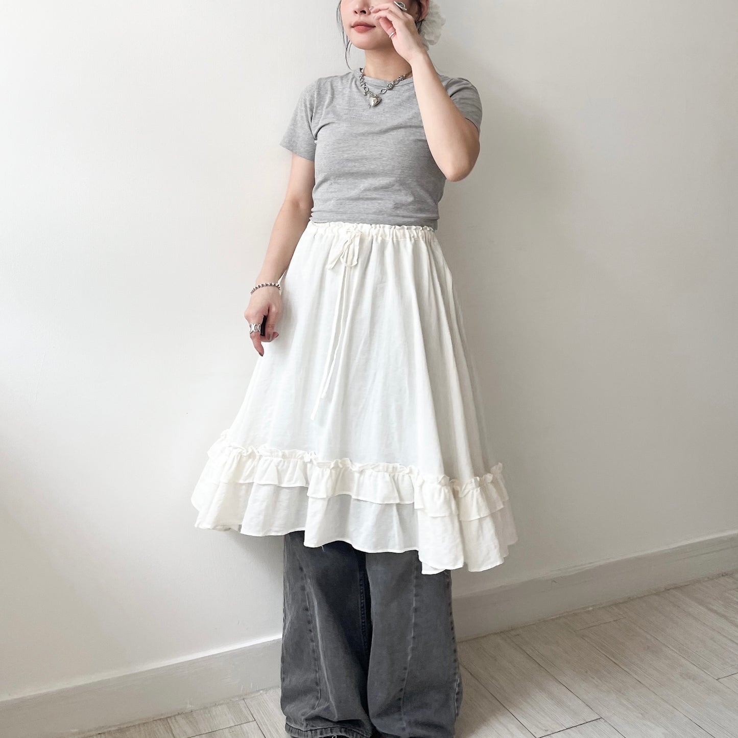 SK125- Checked Ruffle Skirt | Natual | Black
